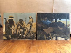 Soldati ed un Contadino Boccasile 1978 Set di Due Dipinti Figurativi Italiani