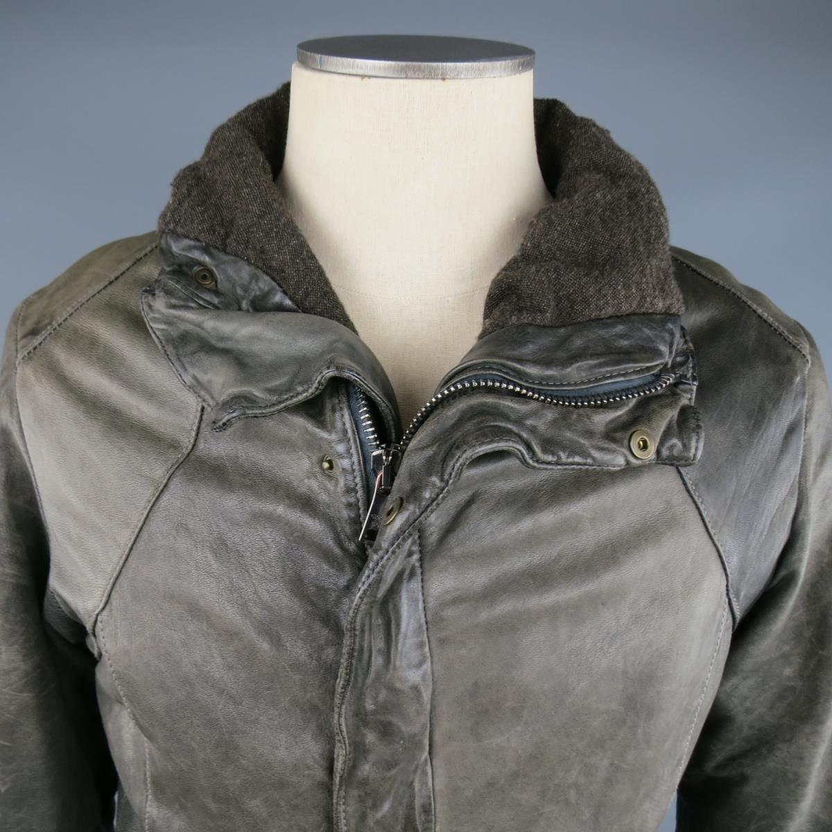 GIORGIO BRATO 38 Taupe Distressed Leather & Silk High Collar Jacket In Good Condition In San Francisco, CA