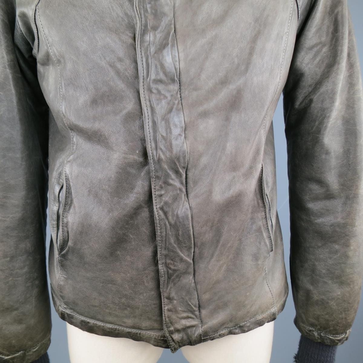 Men's GIORGIO BRATO 38 Taupe Distressed Leather & Silk High Collar Jacket