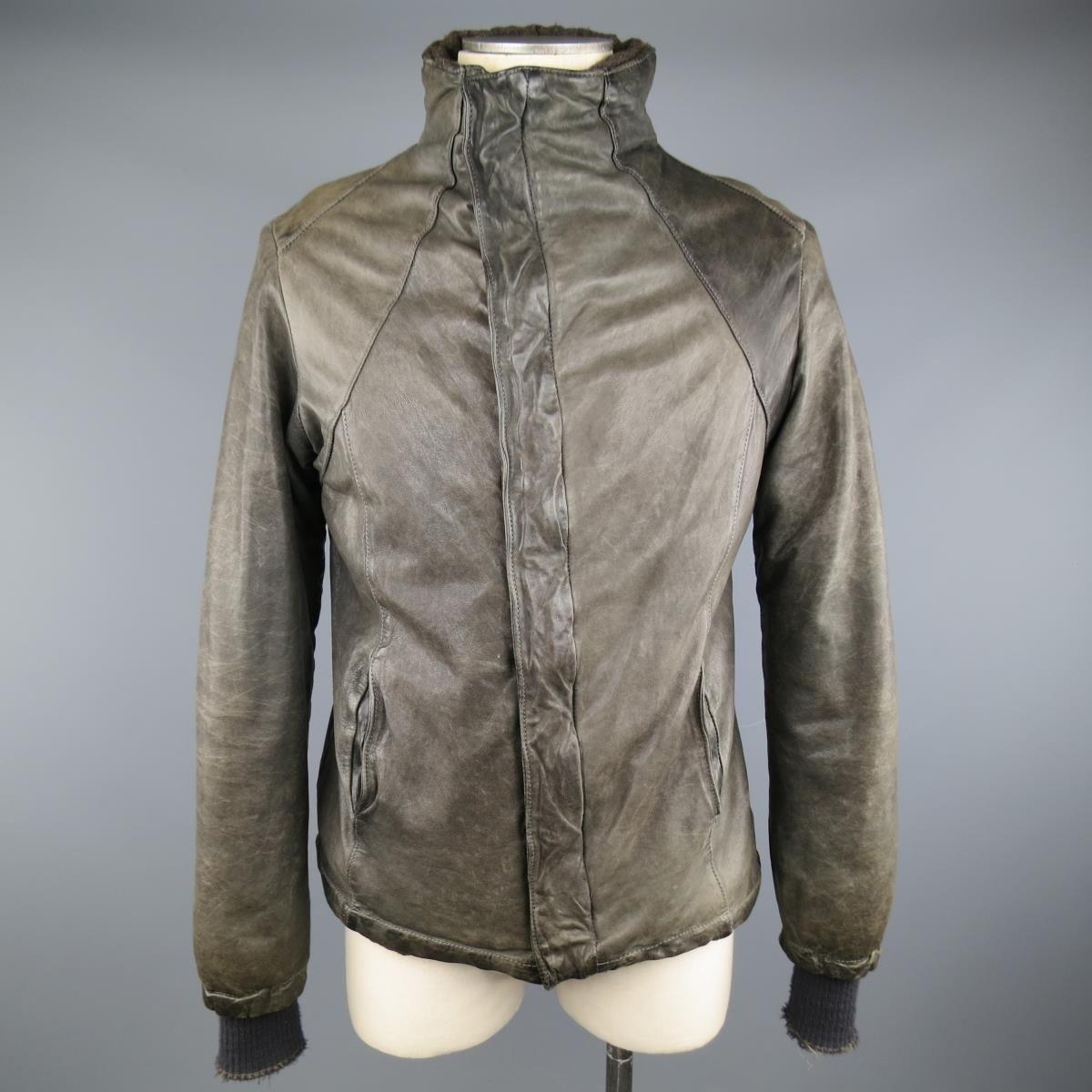 GIORGIO BRATO 38 Taupe Distressed Leather & Silk High Collar Jacket 2