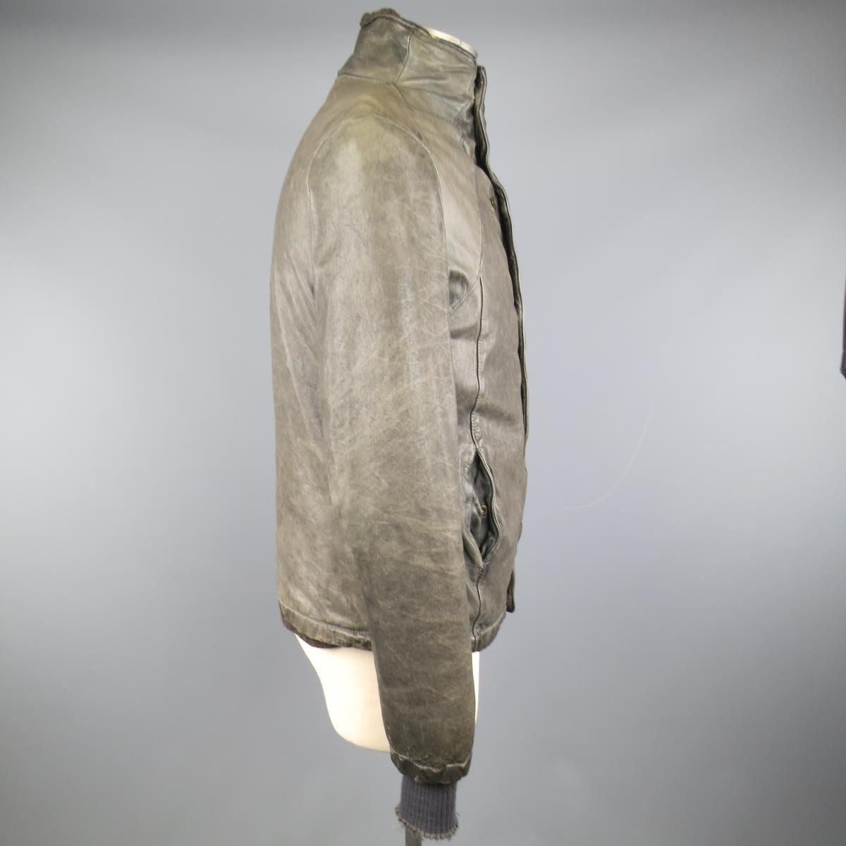 GIORGIO BRATO 38 Taupe Distressed Leather & Silk High Collar Jacket 3