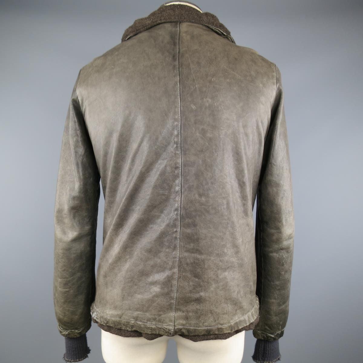 GIORGIO BRATO 38 Taupe Distressed Leather & Silk High Collar Jacket 5