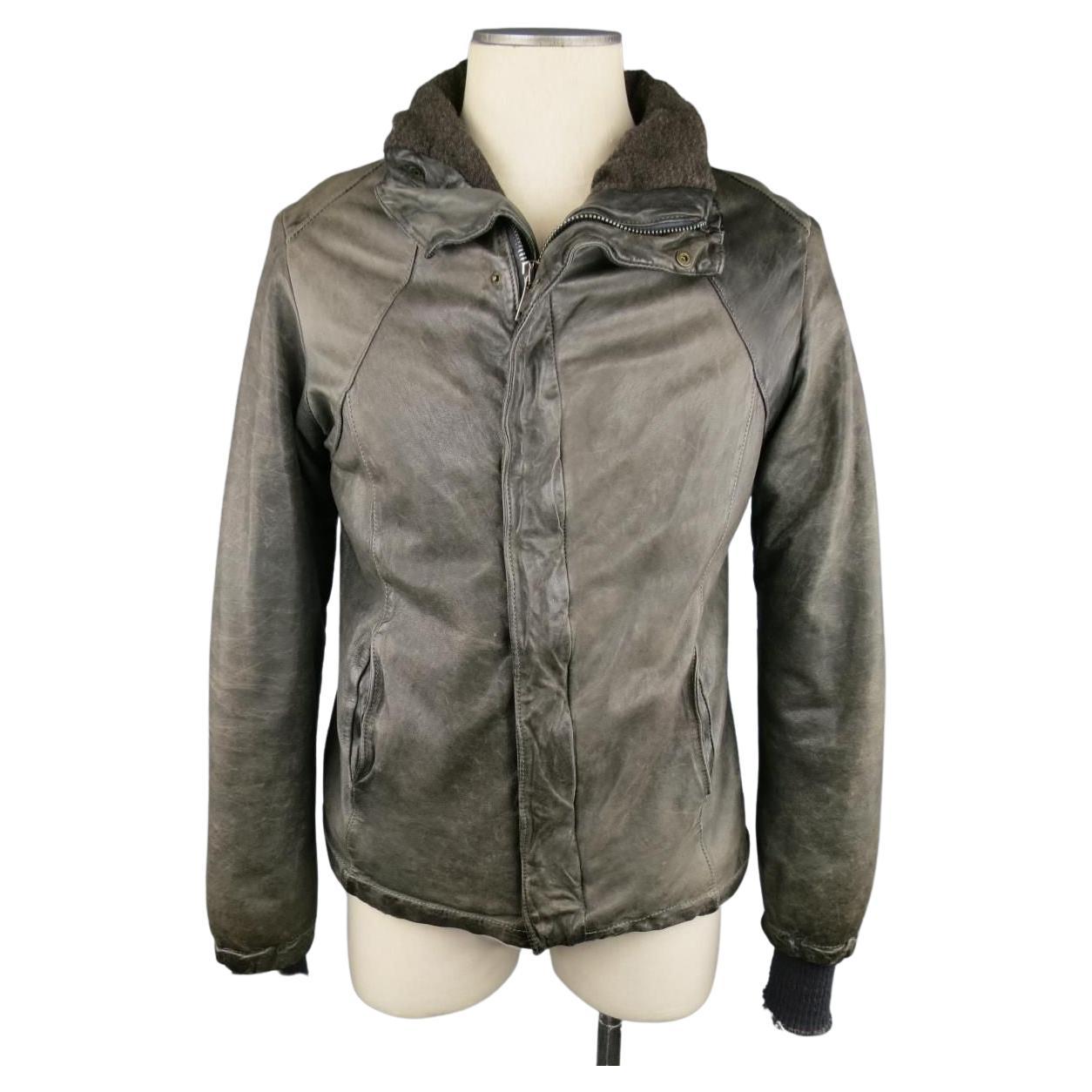 GIORGIO BRATO 38 Taupe Distressed Leather & Silk High Collar Jacket