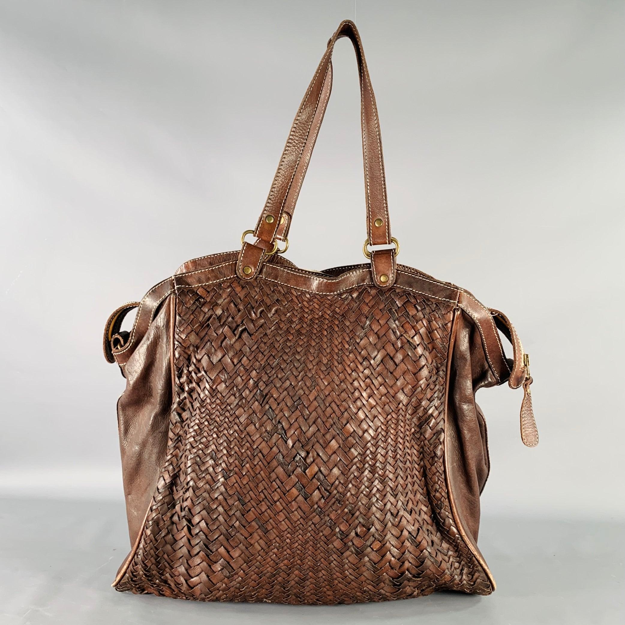 GIORGIO BRATO Brown Woven Leather Tote Handbag In Good Condition For Sale In San Francisco, CA