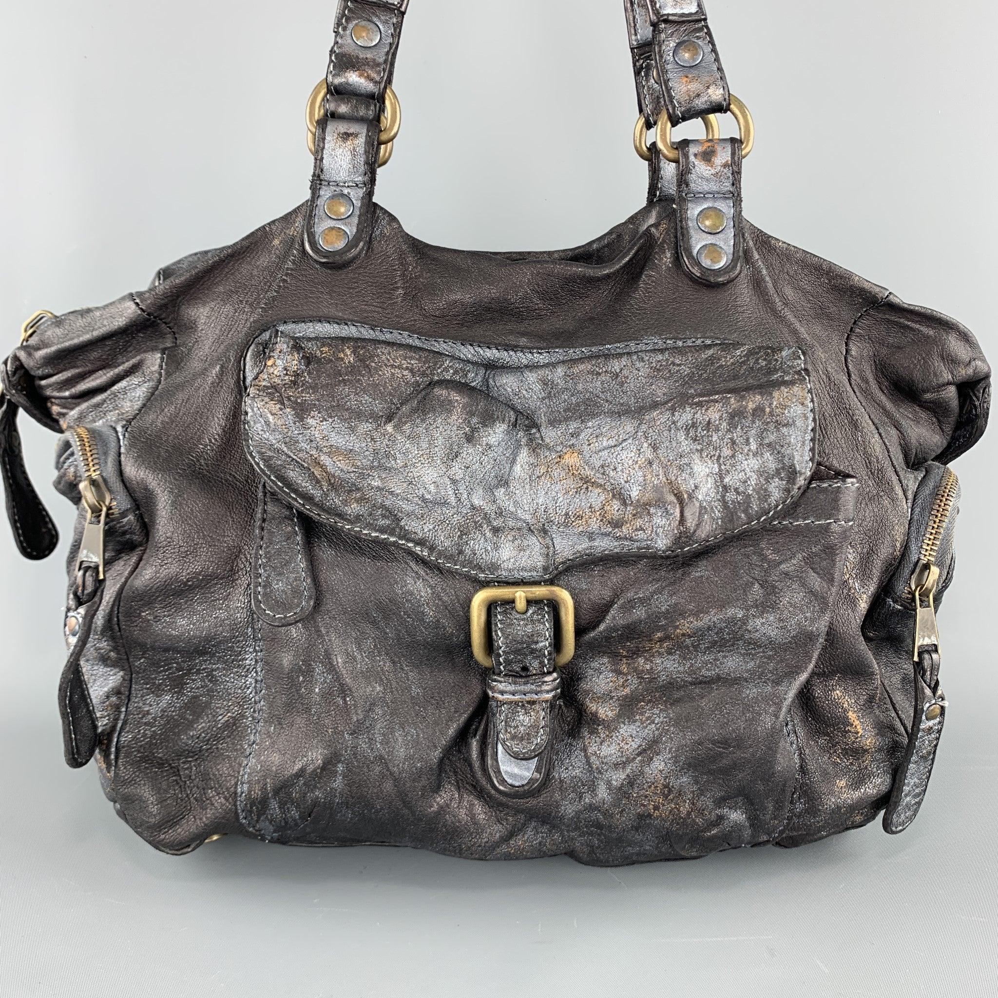 GIORGIO BRATO handbag comes in distressed charcoal leather with all over metallic qualities, zip pocket sides, flap buckled pocket front, double top straps, and top zip closure. With dust bag.
Very Good
Pre-Owned Condition. 

Measurements: 
 