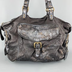 GIORGIO BRATO Distressed Gunmetal Metallic Leather Satchel Handbag