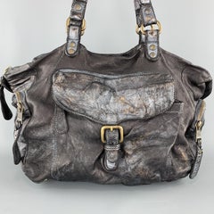 GIORGIO BRATO Distressed Gunmetal Metallic Leather Satchel Handbag