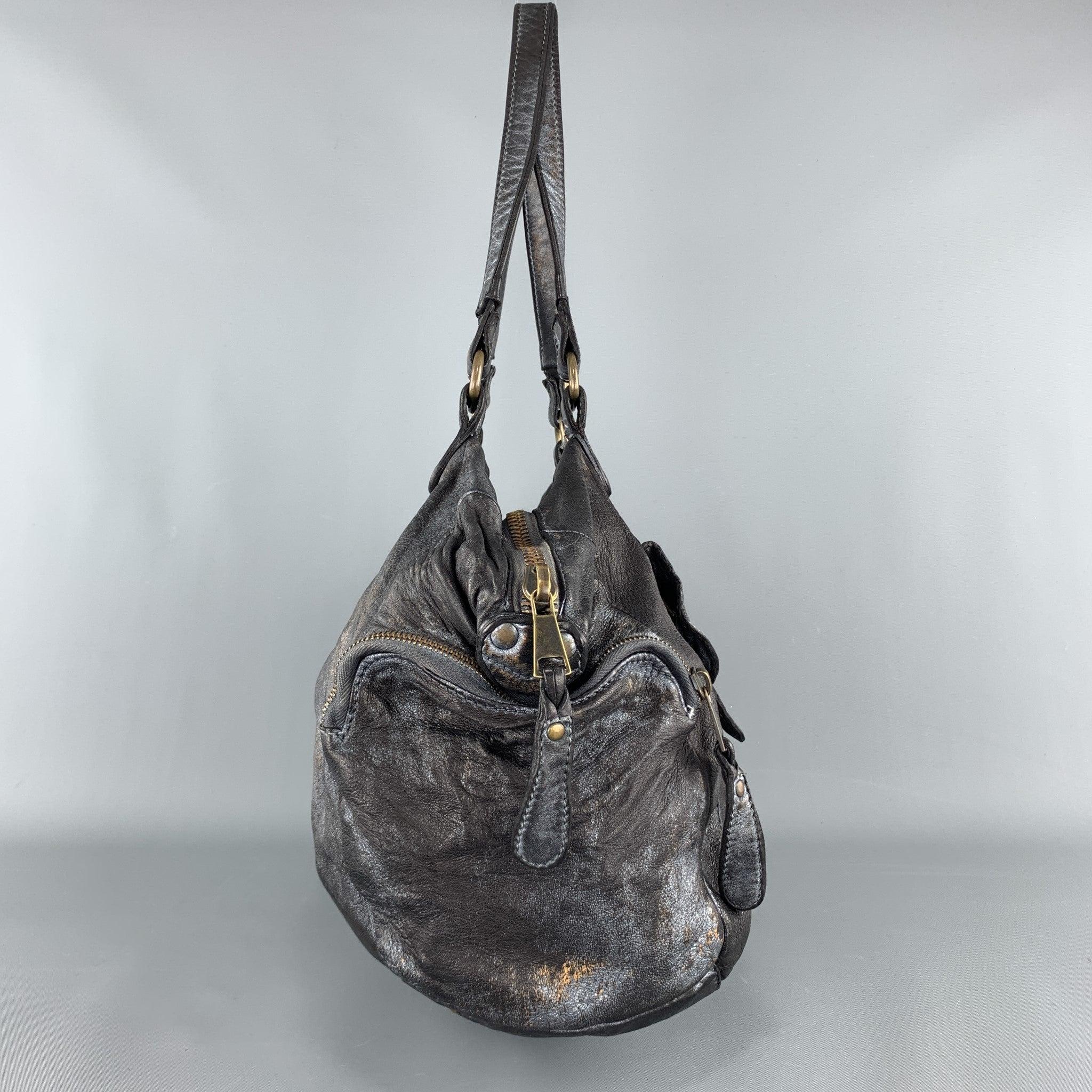 GIORGIO BRATO Distressed Gunmetal Metallic Leather Satchel Handbag In Good Condition For Sale In San Francisco, CA