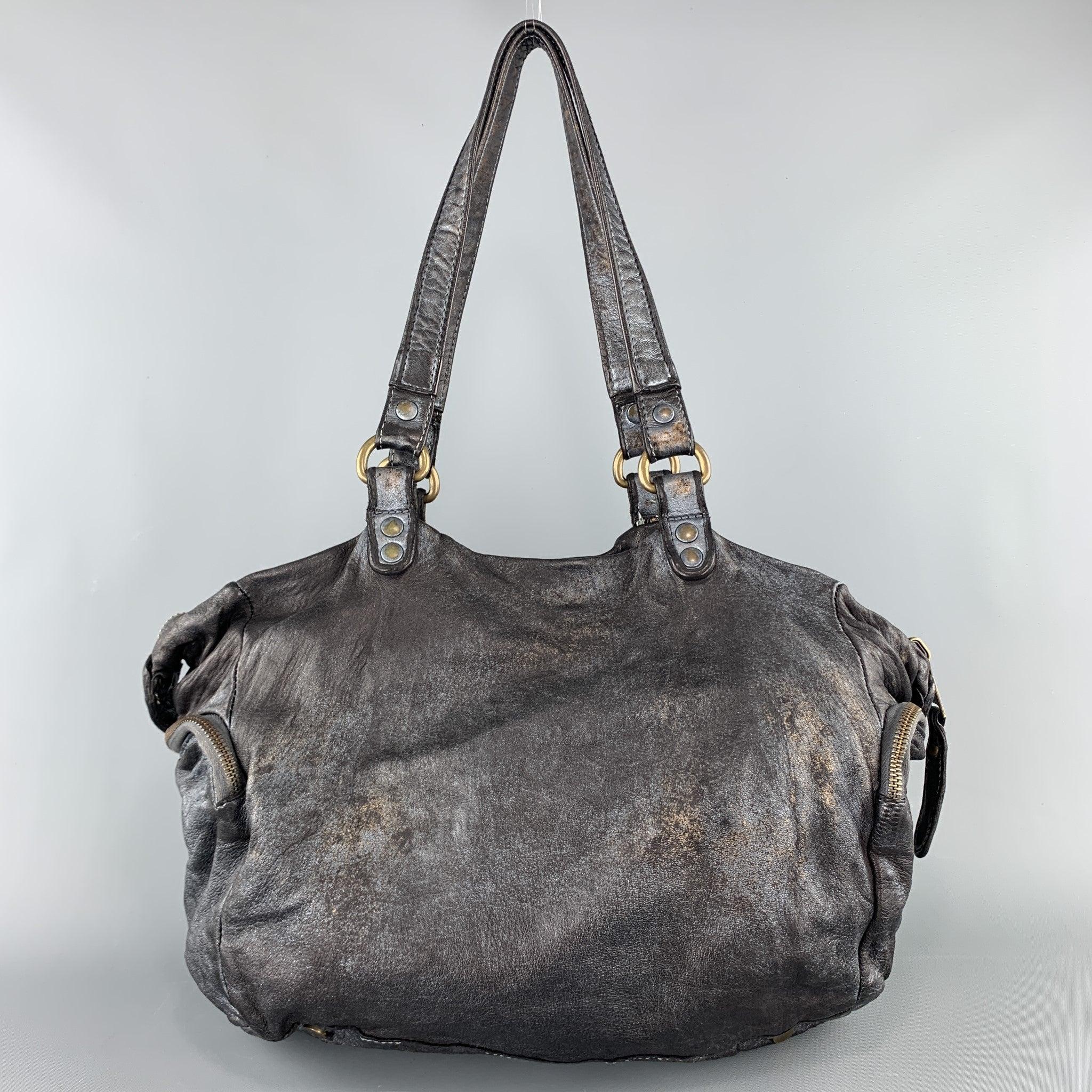 GIORGIO BRATO Distressed Gunmetal Metallic Leather Satchel Handbag In Good Condition In San Francisco, CA