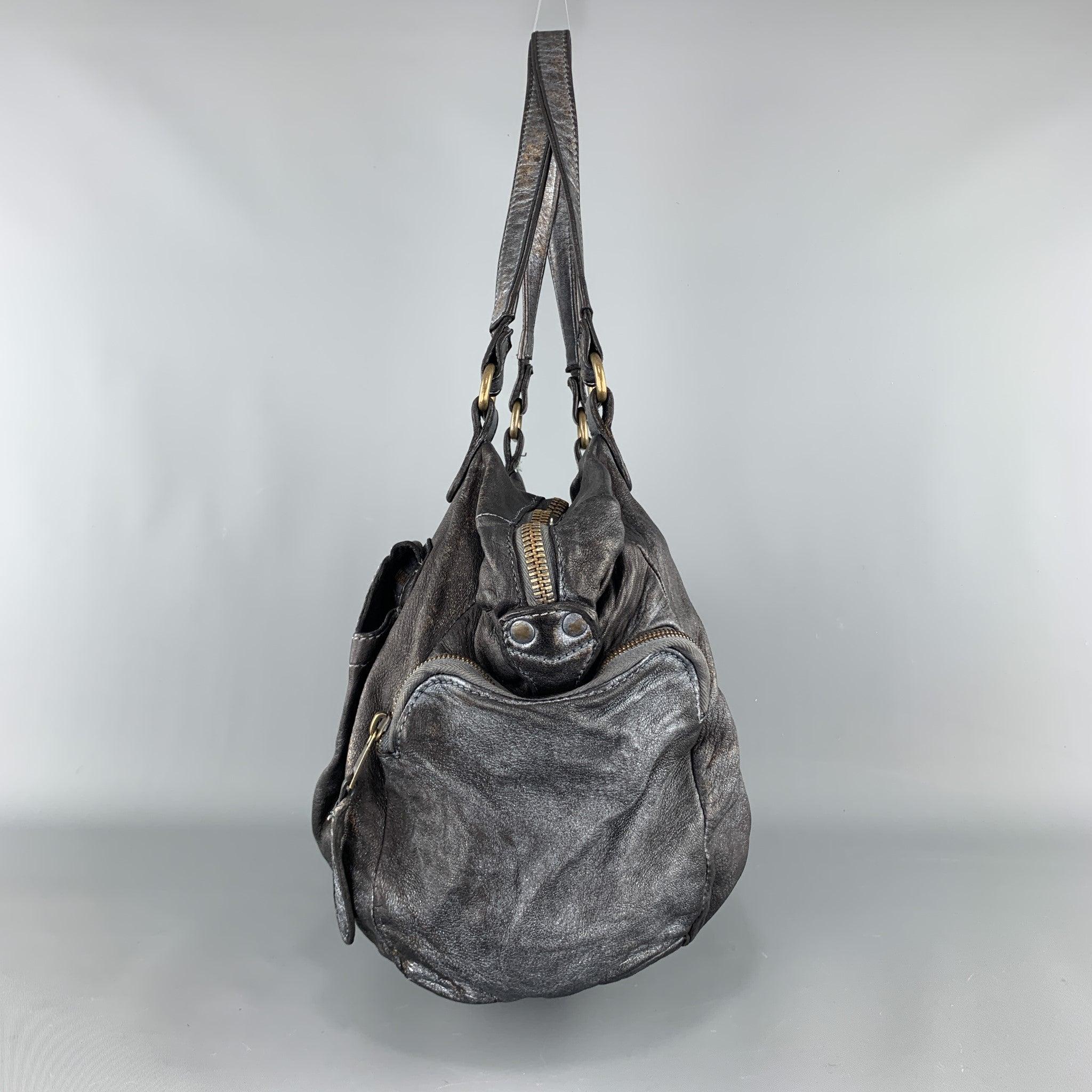 GIORGIO BRATO Distressed Gunmetal Metallic Leather Satchel Handbag For Sale 1
