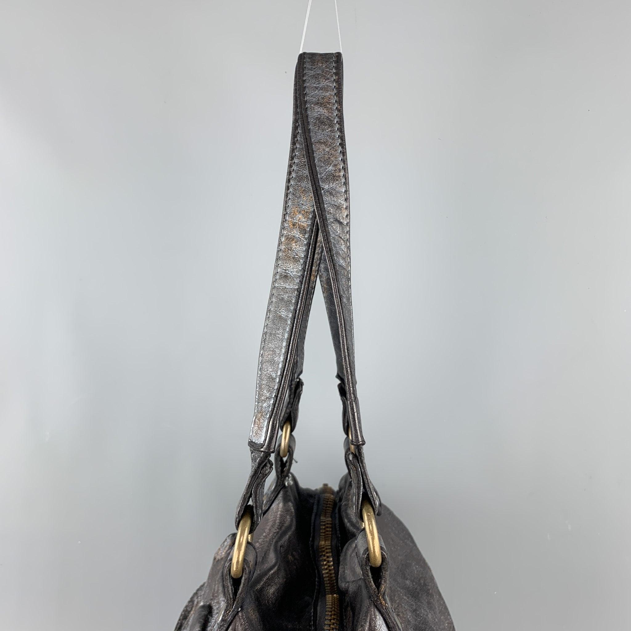 GIORGIO BRATO Distressed Gunmetal Metallic Leather Satchel Handbag For Sale 2