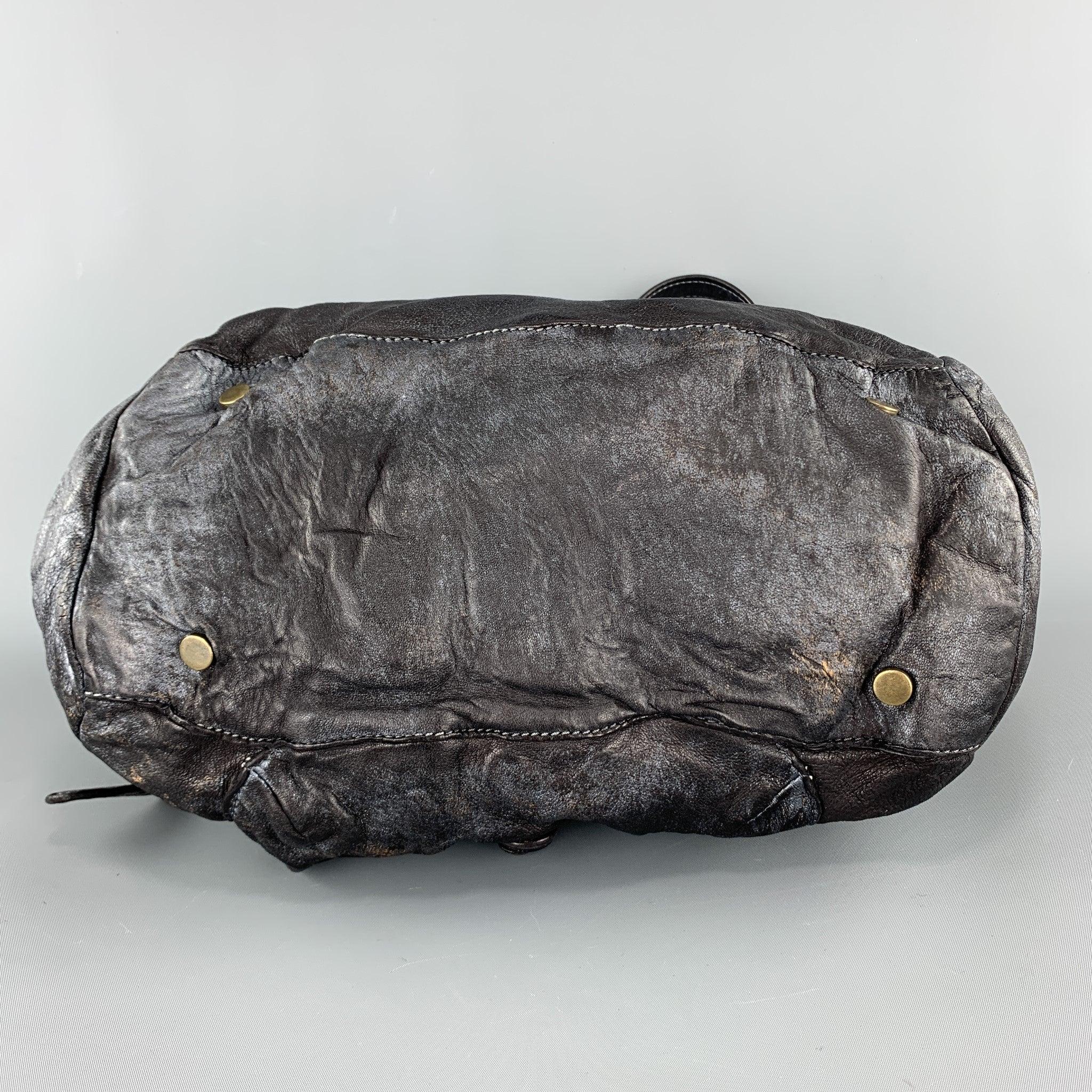 GIORGIO BRATO Distressed Gunmetal Metallic Leather Satchel Handbag 2