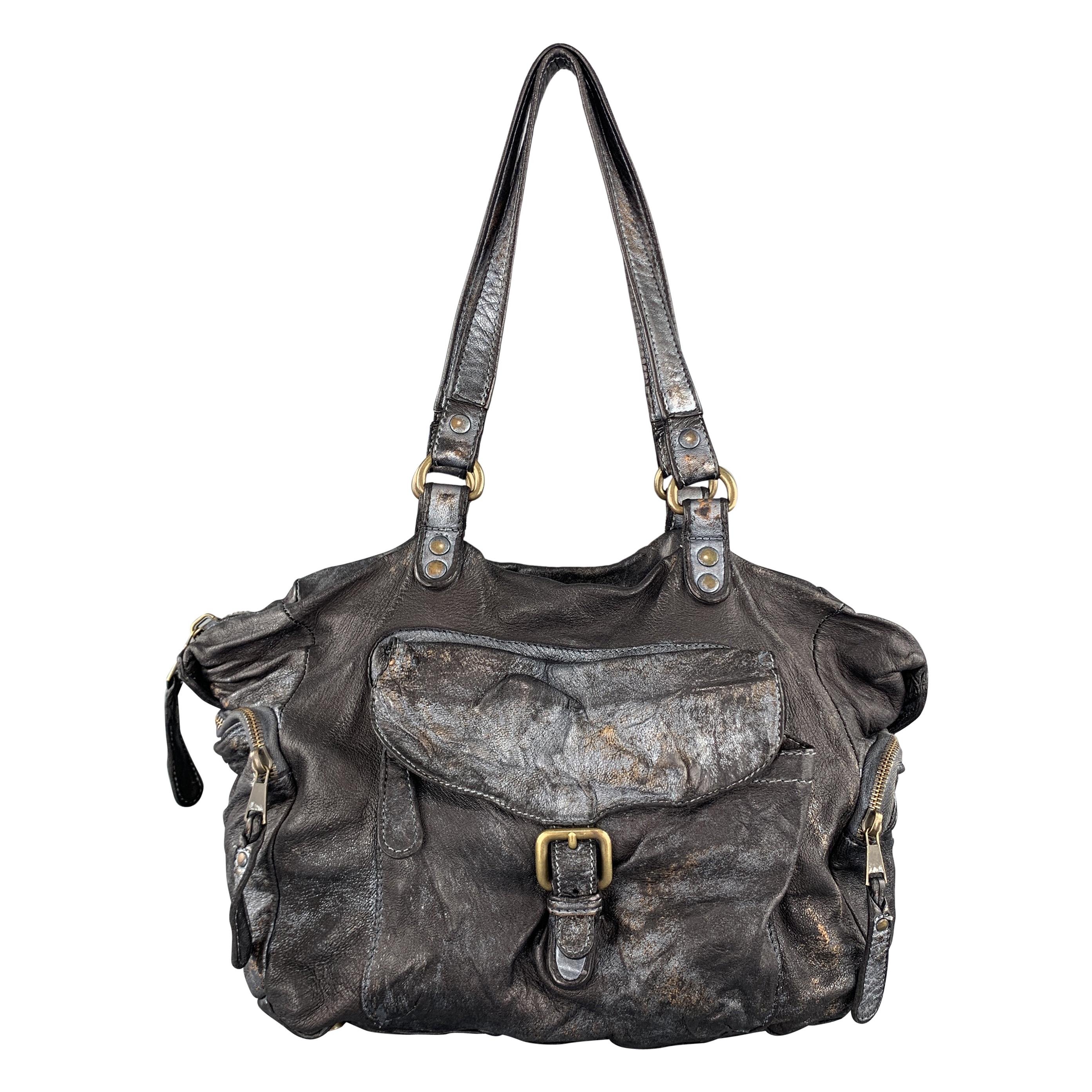 GIORGIO BRATO Distressed Gunmetal Metallic Leather Satchel Handbag
