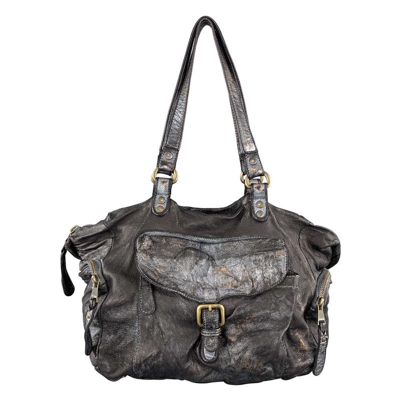 GIORGIO BRATO Distressed Gunmetal Metallic Leather Satchel Handbag at ...