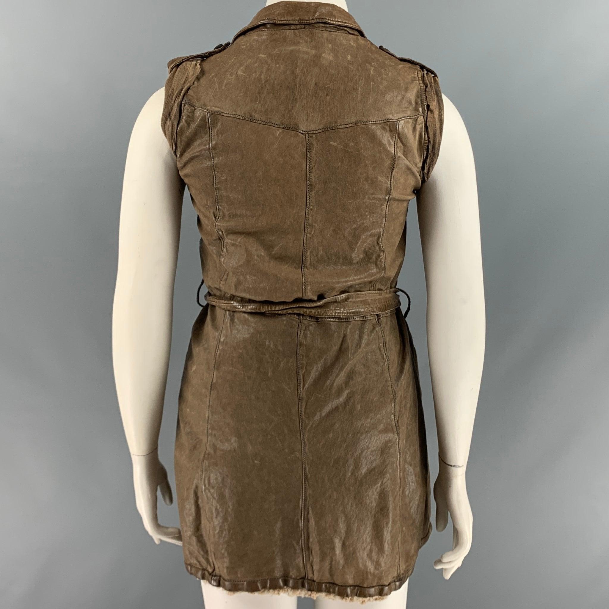 GIORGIO BRATO Size 10 Brown Taupe Leather Distressed Belted Vest In Good Condition For Sale In San Francisco, CA