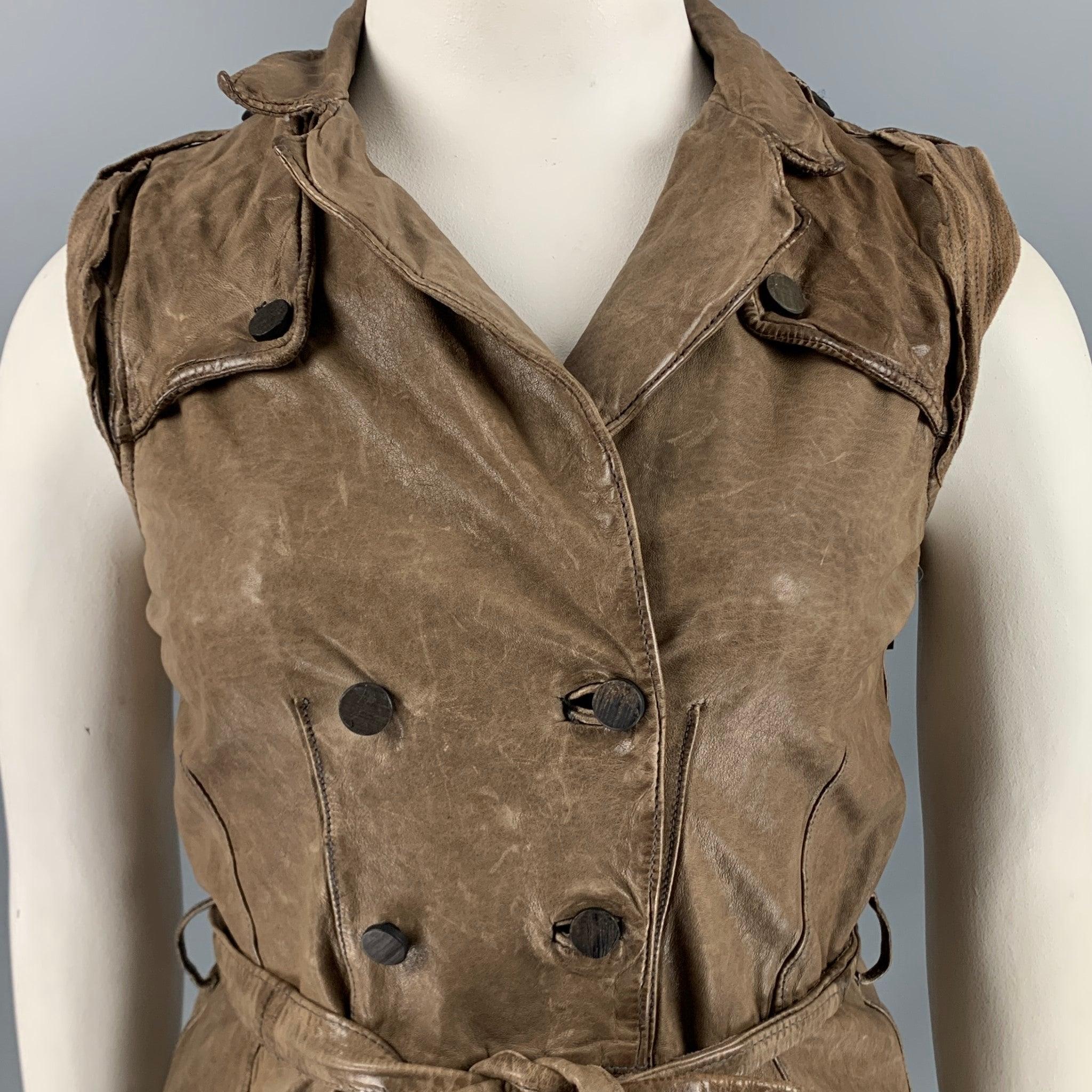 Women's GIORGIO BRATO Size 10 Brown Taupe Leather Distressed Belted Vest For Sale