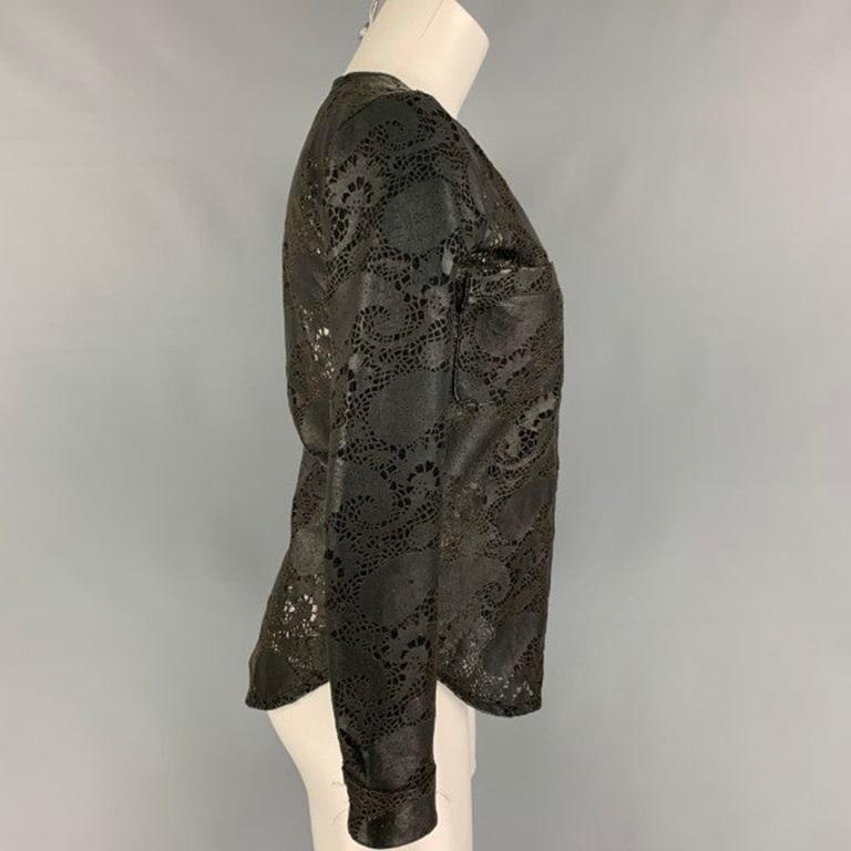 GIORGIO BRATO jacket comes in a black lace perforated leather featuring a collarless style, front pockets, and a zip up closure.
Very Good
Pre-Owned Condition. 

Marked:   40 

Measurements: 
 
Shoulder: 14 inches  Bust: 34 inches  Sleeve: 23 inches