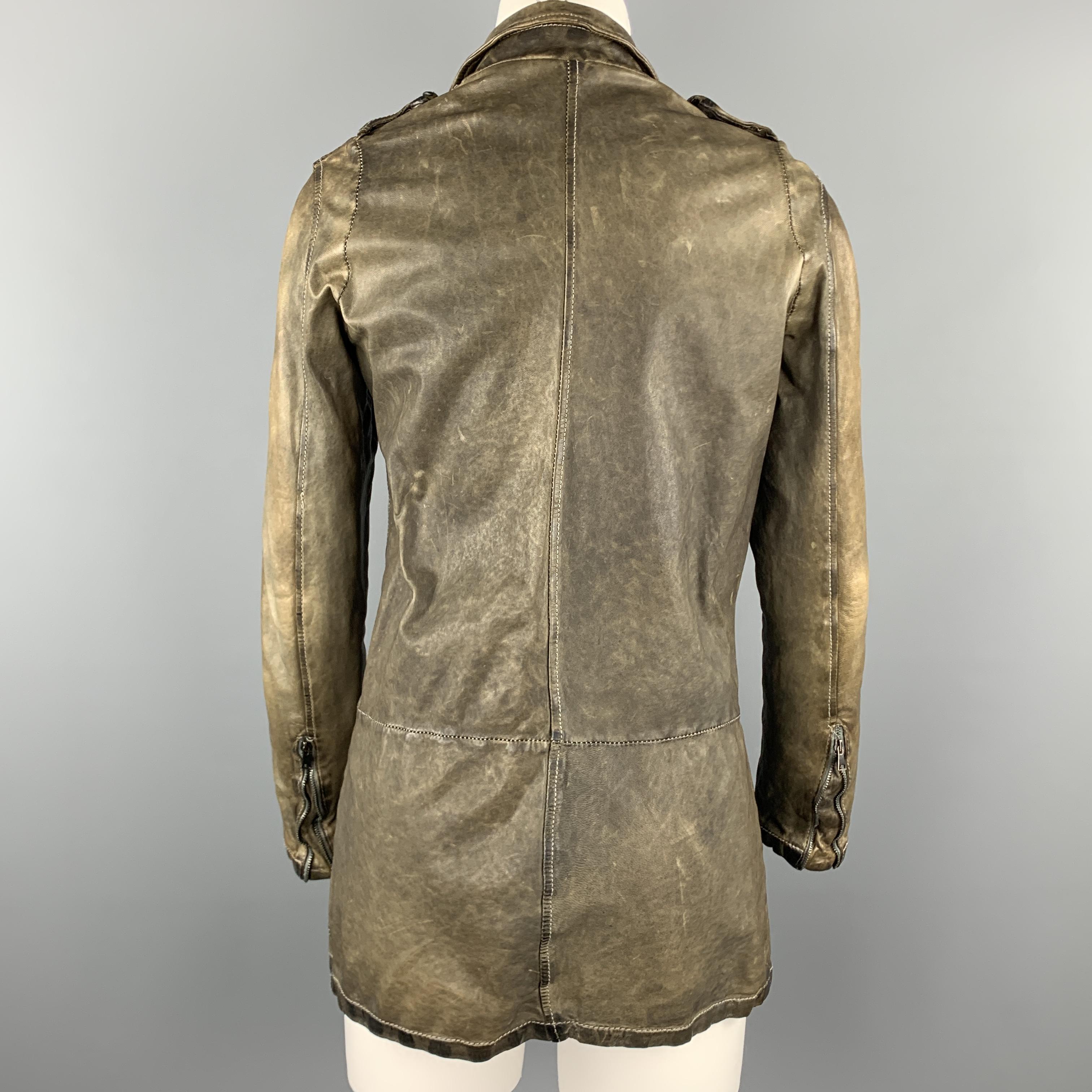 Brown GIORGIO BRATO Size 4 Distressed Olive Green Leather Biker Jacket