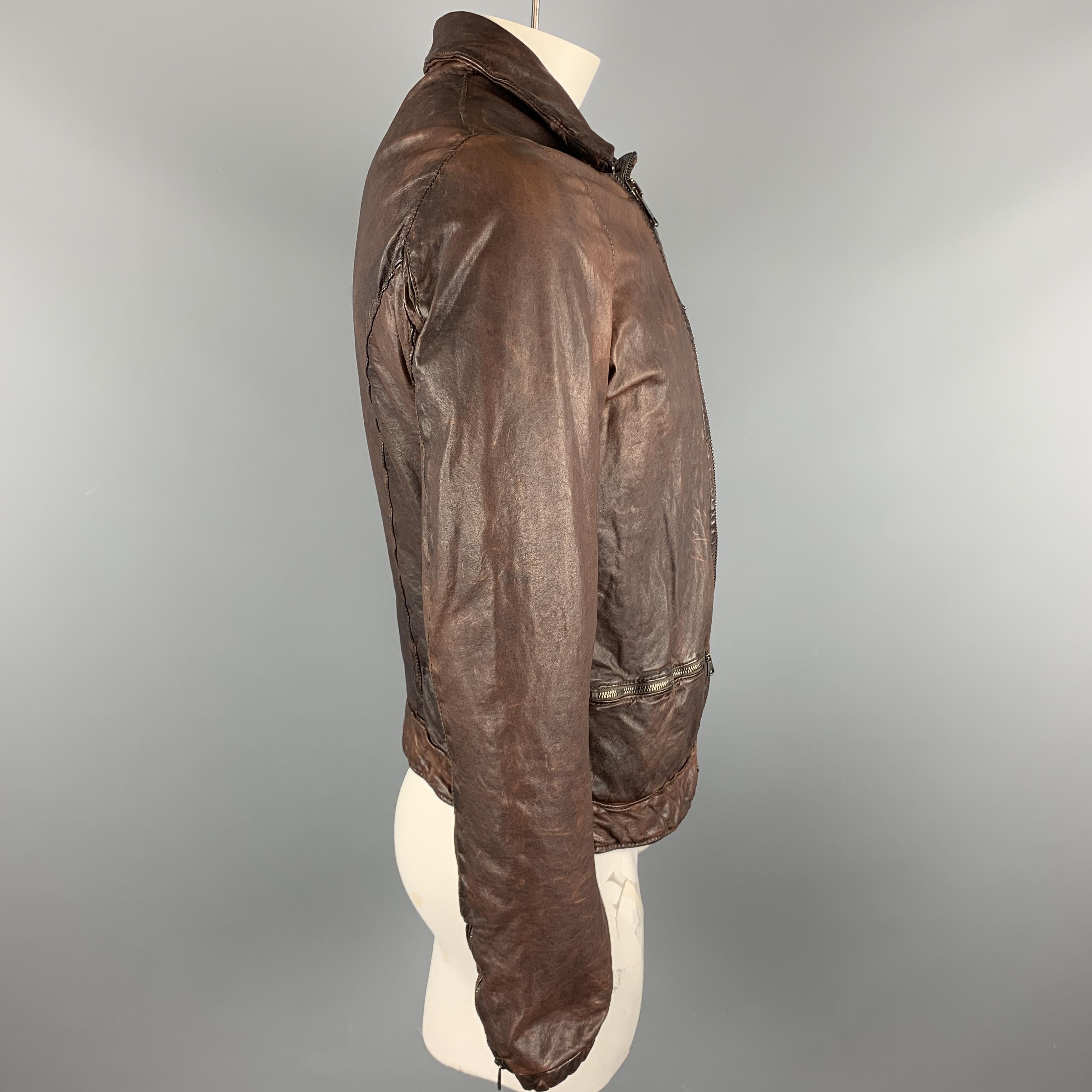 GIORGIO BRATO Size 40 Brown Wrinkled Leather Zip Up Jacket In Good Condition In San Francisco, CA