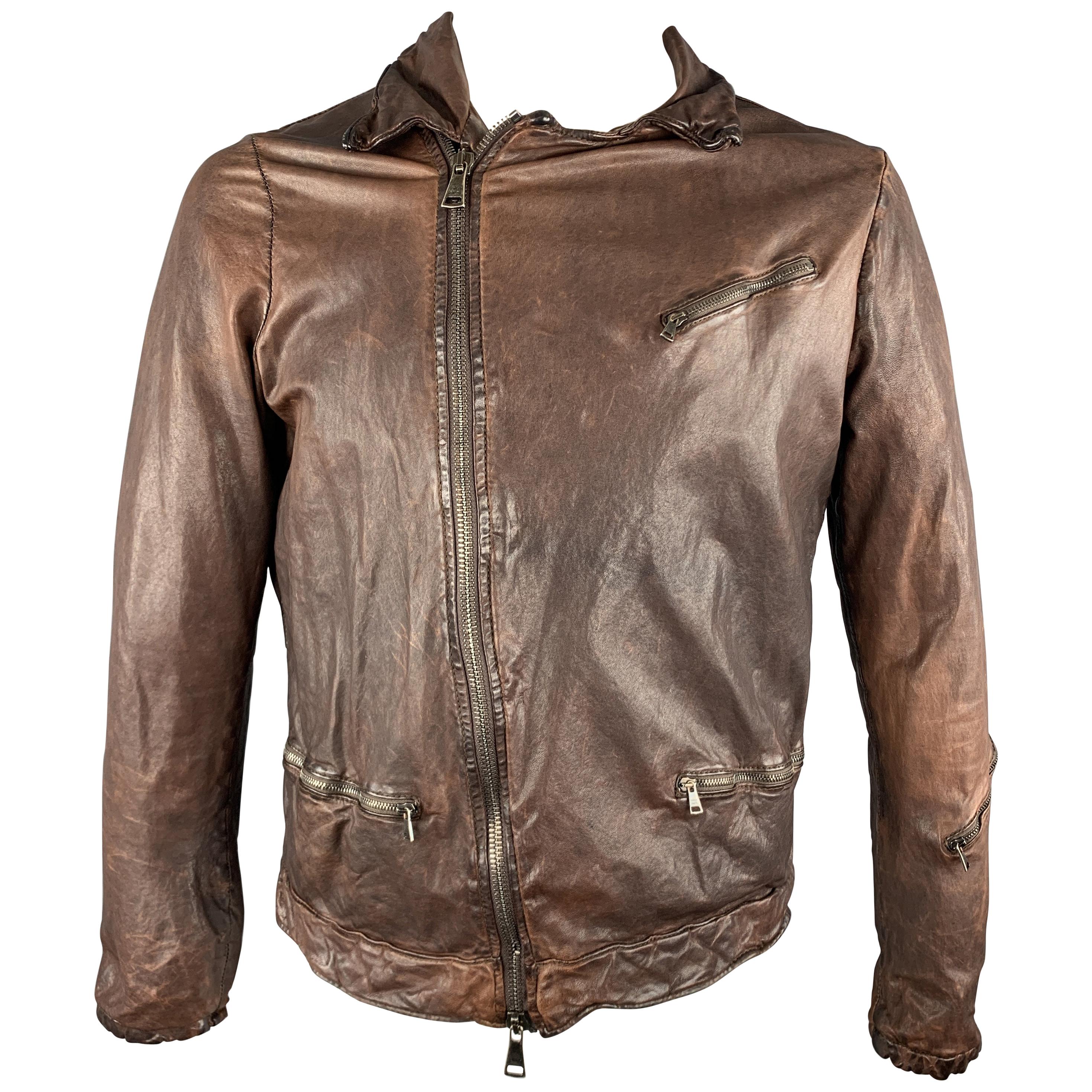 GIORGIO BRATO Size 40 Brown Wrinkled Leather Zip Up Jacket