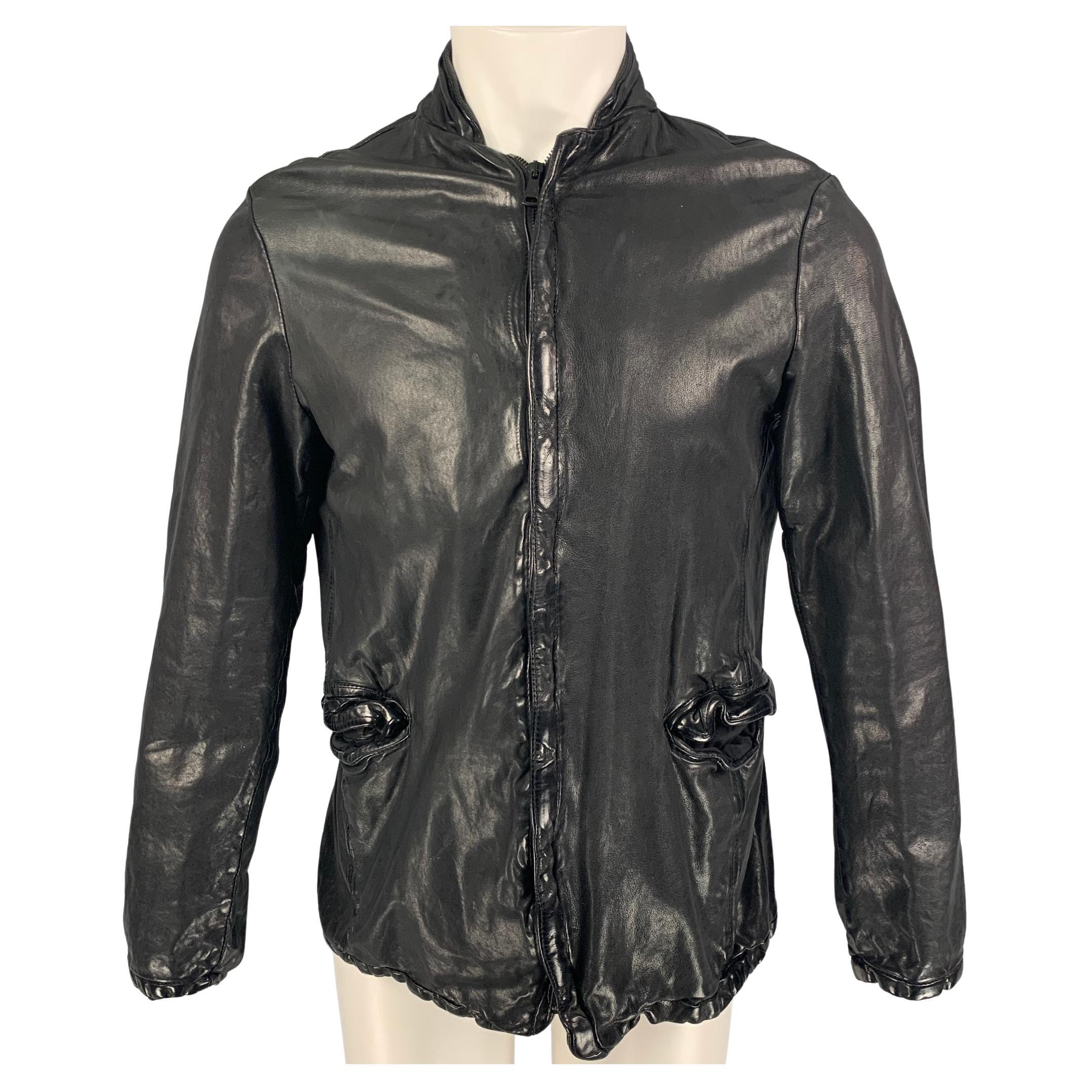 GIORGIO BRATO Size 4 Distressed Olive Green Leather Biker Jacket at ...