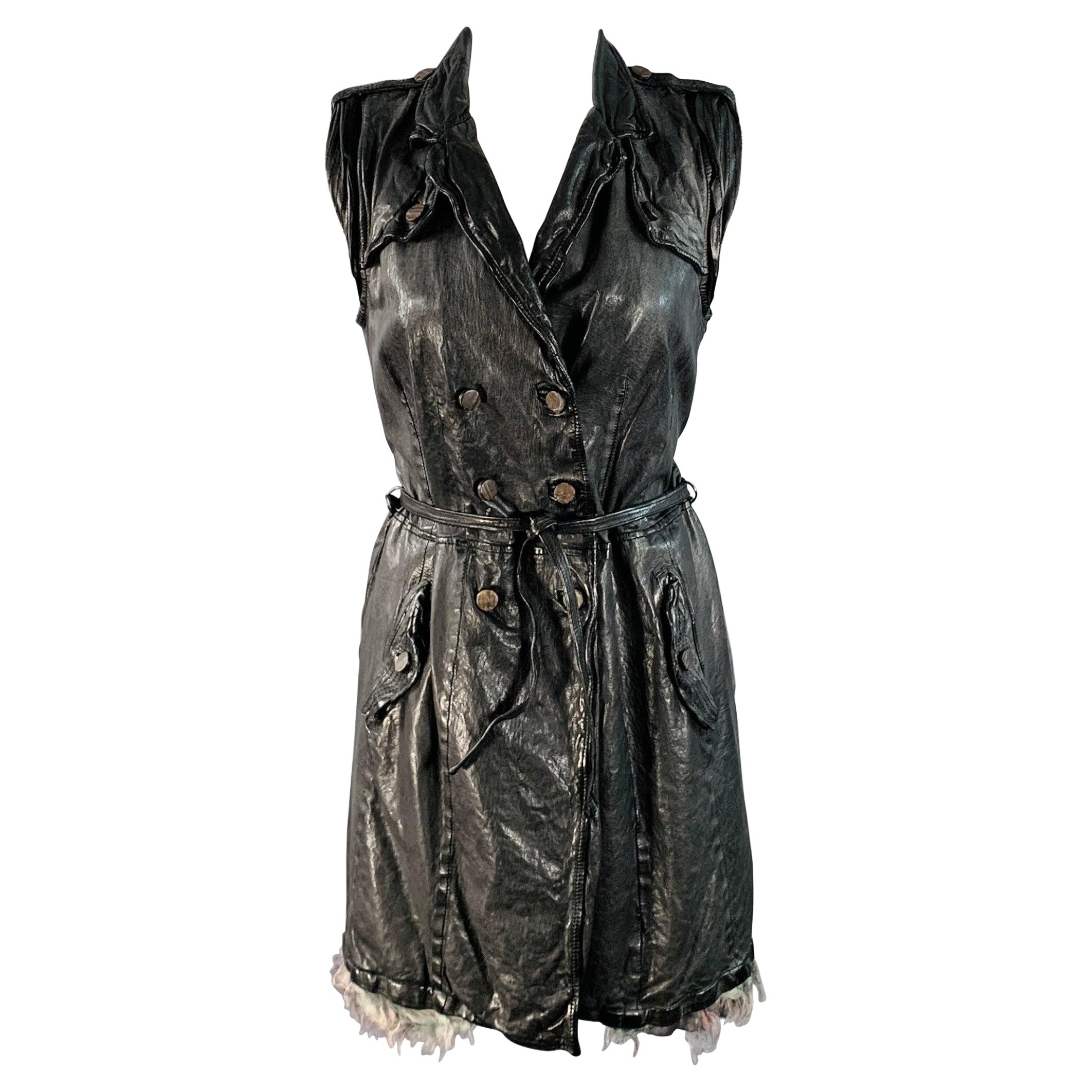 GIORGIO BRATO Size 6 Black Leather Double Breasted Belted Longline Vest