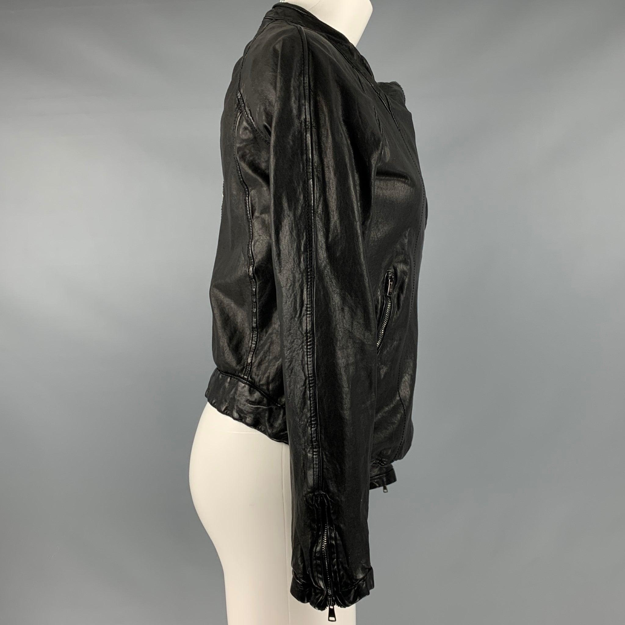 GIORGIO BRATO Size 6 Black Leather Zip Up Jacket (Outdoor) In Good Condition For Sale In San Francisco, CA