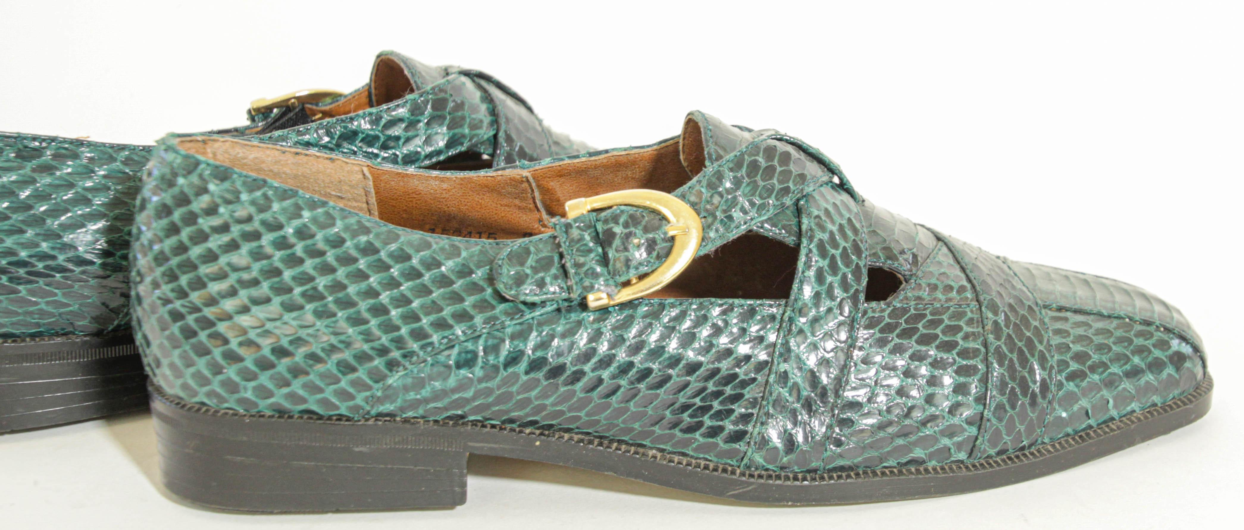 Giorgio Brutini Dark Green Genuine Snake and Leather Buckled Men's Shoes In Good Condition For Sale In North Hollywood, CA