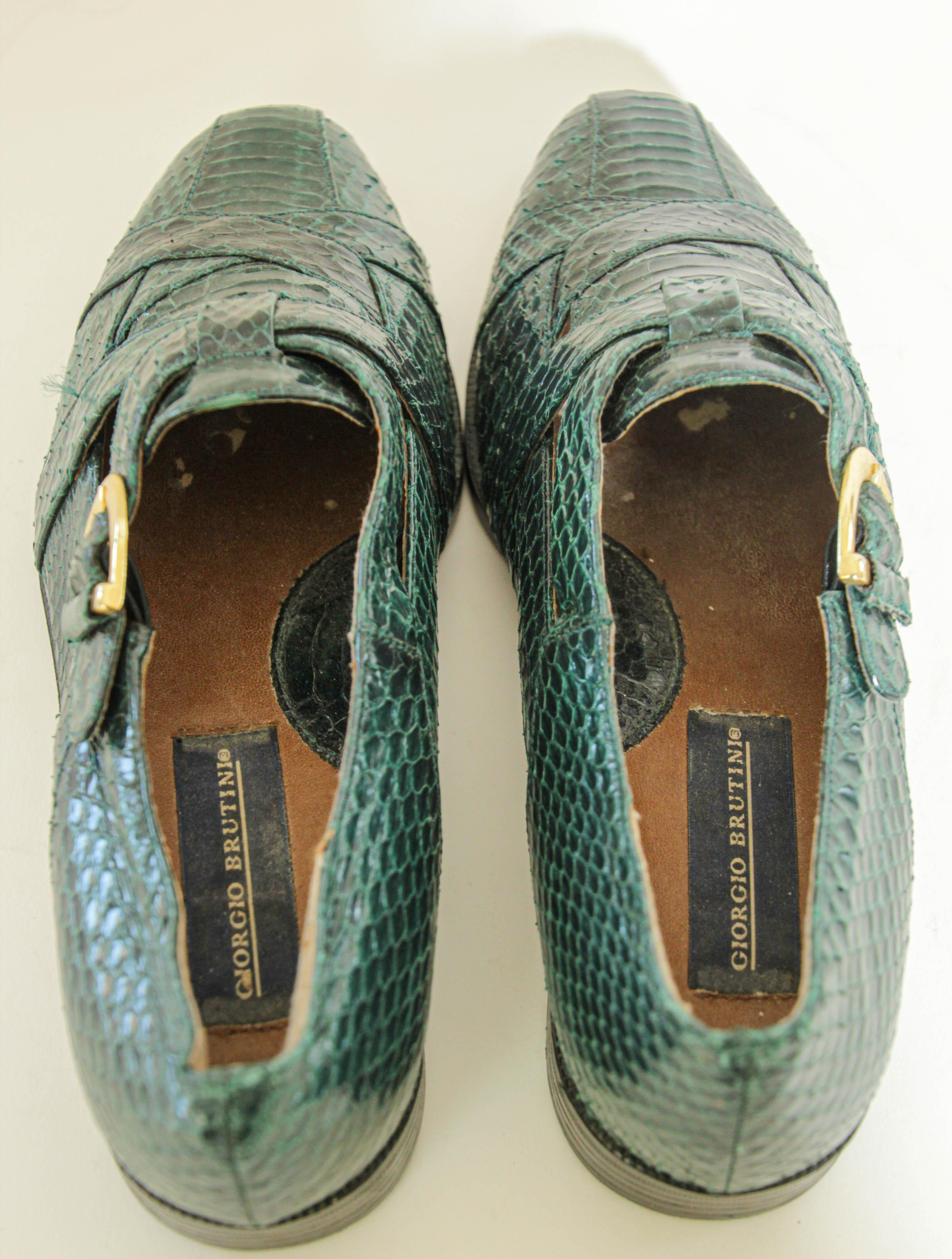 Women's or Men's Giorgio Brutini Dark Green Genuine Snake and Leather Buckled Men's Shoes For Sale