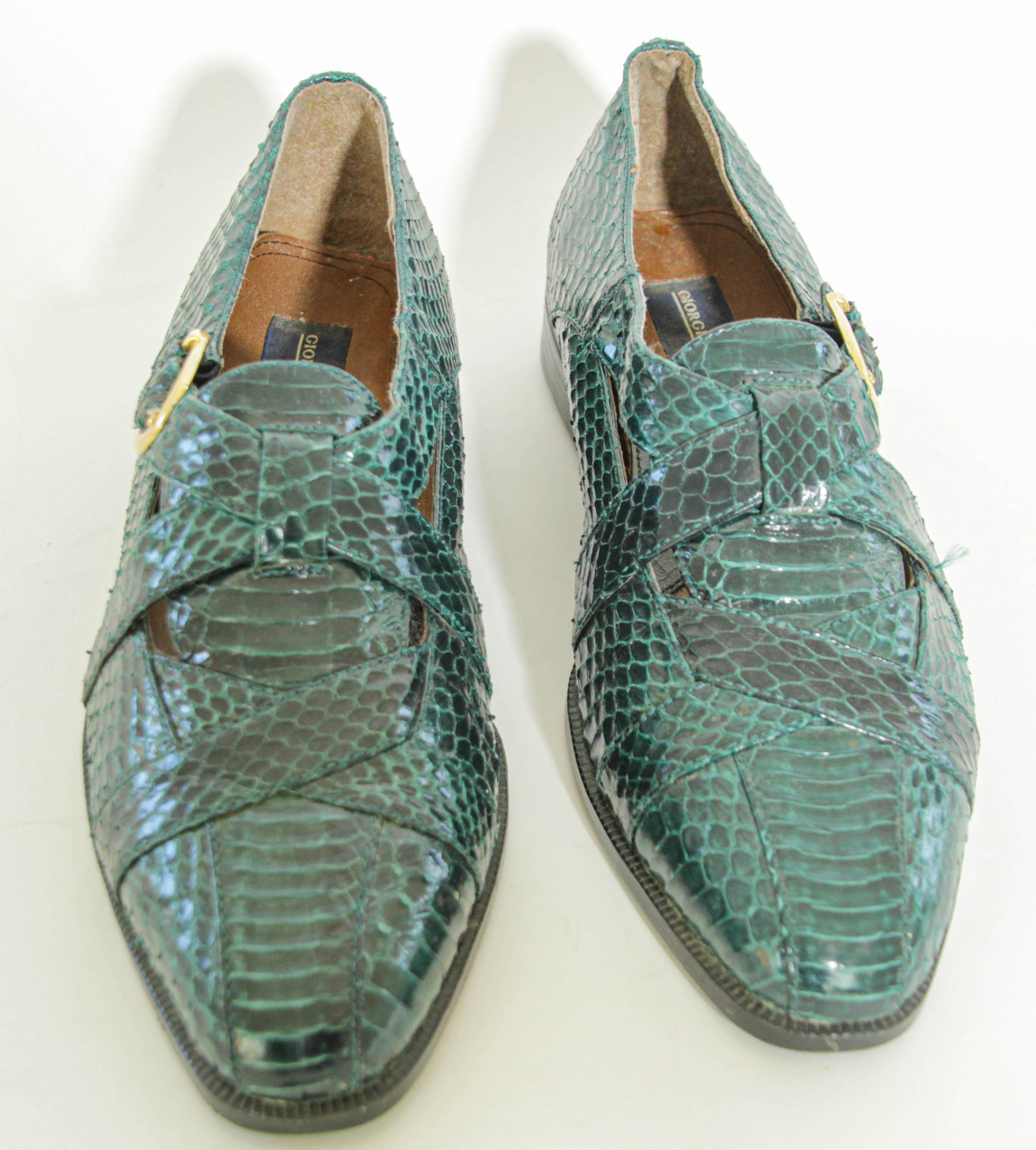 Giorgio Brutini Dark Green Genuine Snake and Leather Buckled Men's Shoes For Sale 2