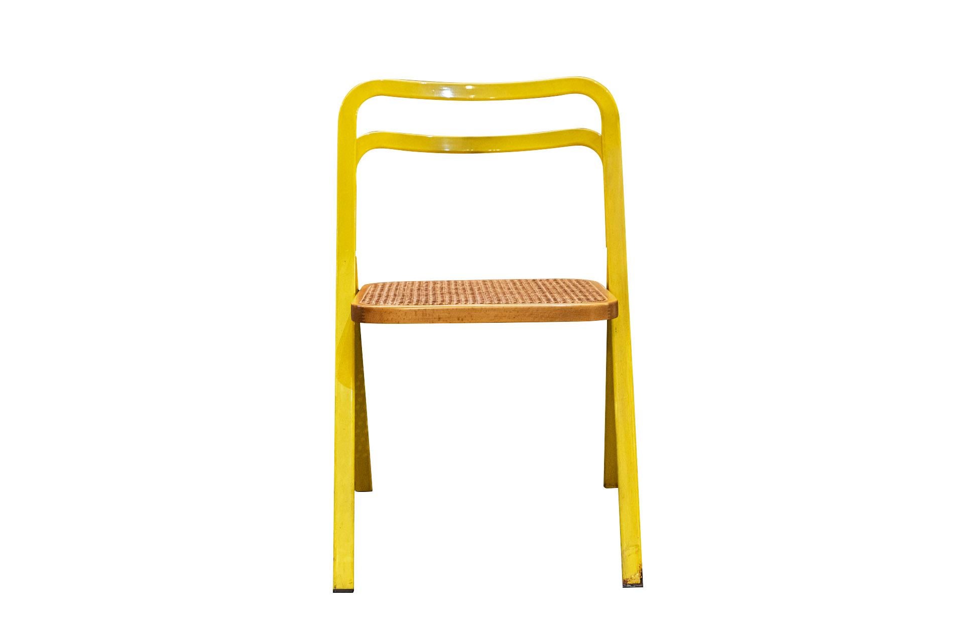 Giorgio Cattelan for Cidue, Set of six folding chairs,
Yellow lacquered iron and seat in canage and wood,
Publisher label,
circa 1970, Italy.

Measures : Height 78 cm, Width 50, Depth 49 cm.

Born in Thiene Italy, Giorgio Cattelan is the founder of