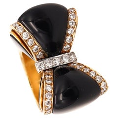 Vintage Giorgio Chilleri Bow Cocktail Ring 18 kt Gold 1.80 Cts Diamonds Onyxes Enamel