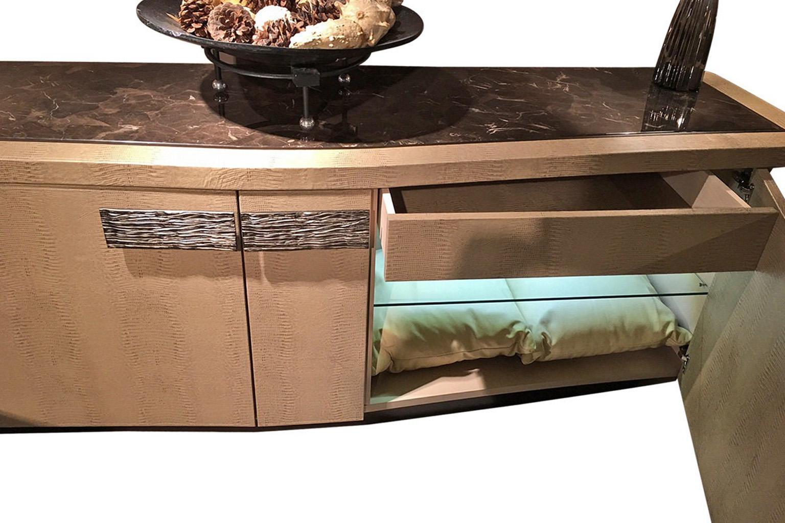 Giorgio Collection LifetimeArmadillo Printed Leather Buffet Emperador Marble Top For Sale 2