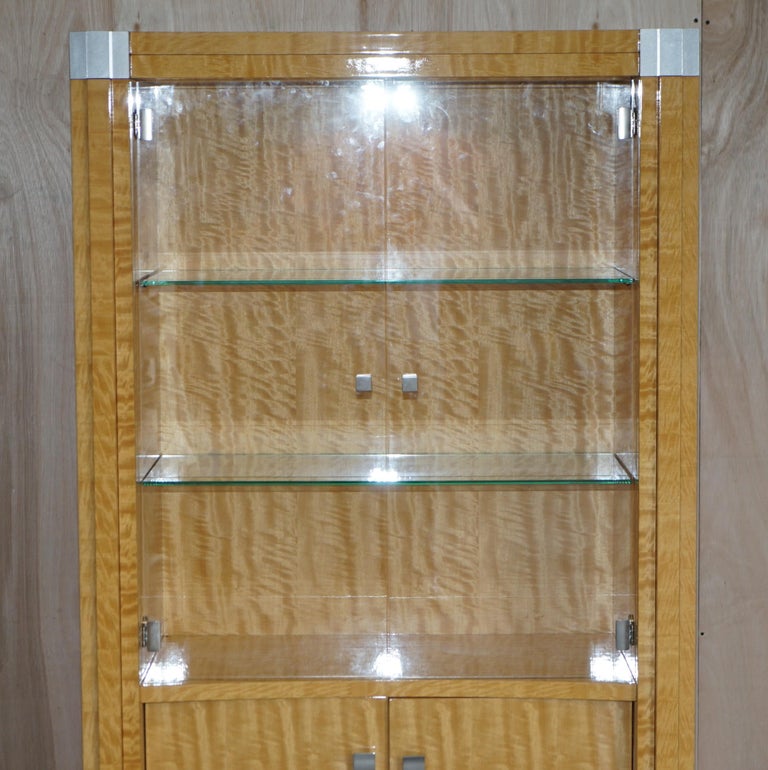 Hand-Crafted Giorgio Collection Burr Satinwood & Chrome Drinks Display Cabinet For Sale