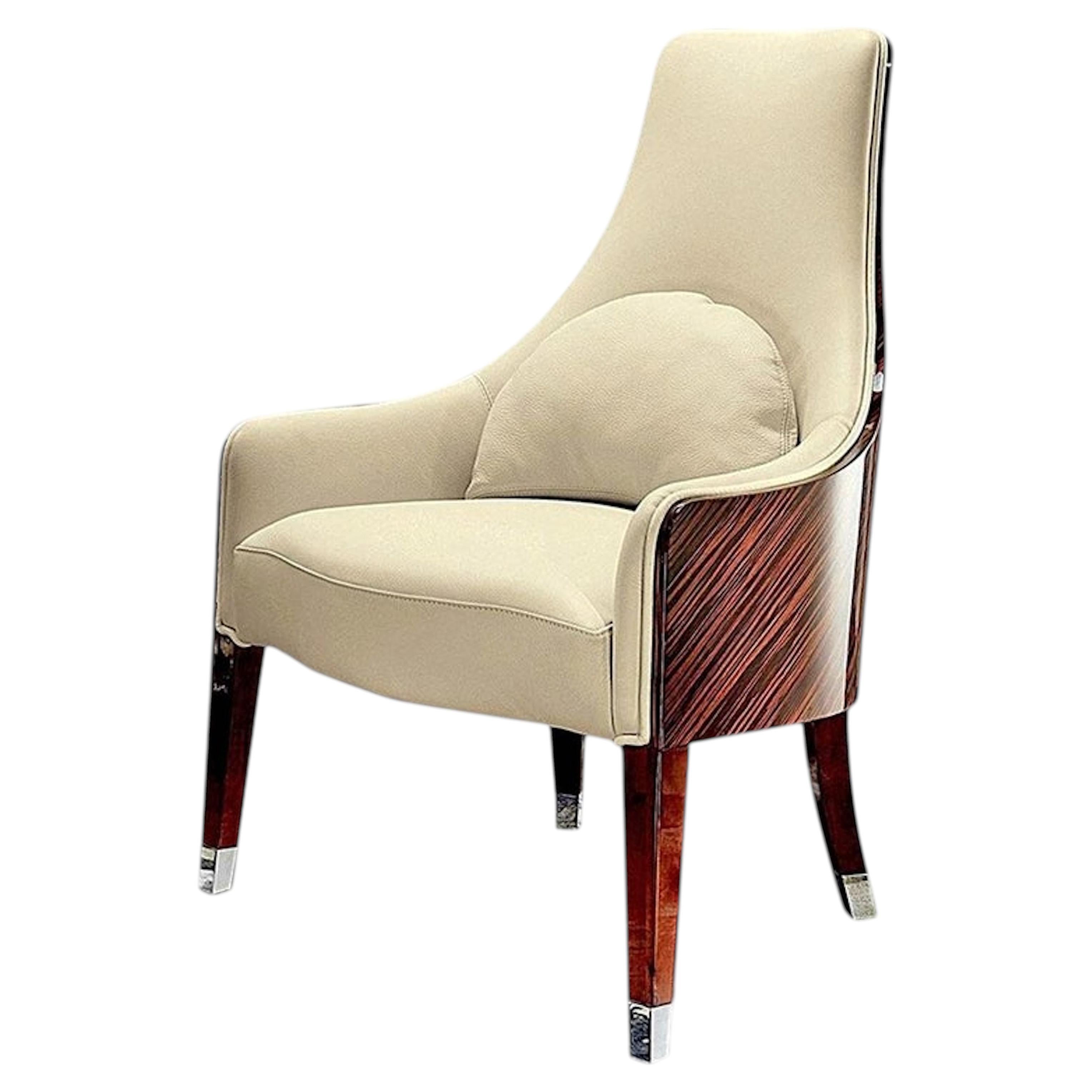 Giorgio Collection Curve Back Ebony Macassar Occasional Arm Chair Beige Leather