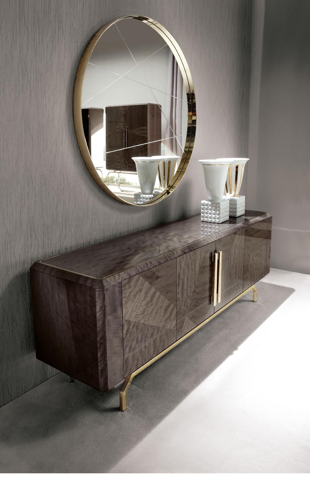 Giorgio Collection Infinity Buffet with 4 inlaid doors in makorè mahogany veneer with high gloss polyester finish.
Top with insert in light gold chrome stainless steel. 
Base and 2 center handles in light gold chrome stainless steel with Giorgio