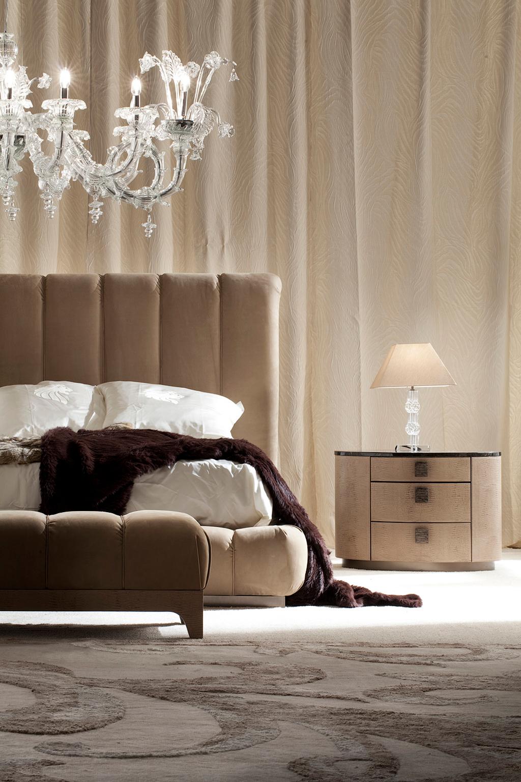 Romantic Giorgio USA Collection Italian Upholstered King Size Bed with Bronzed Brass Base