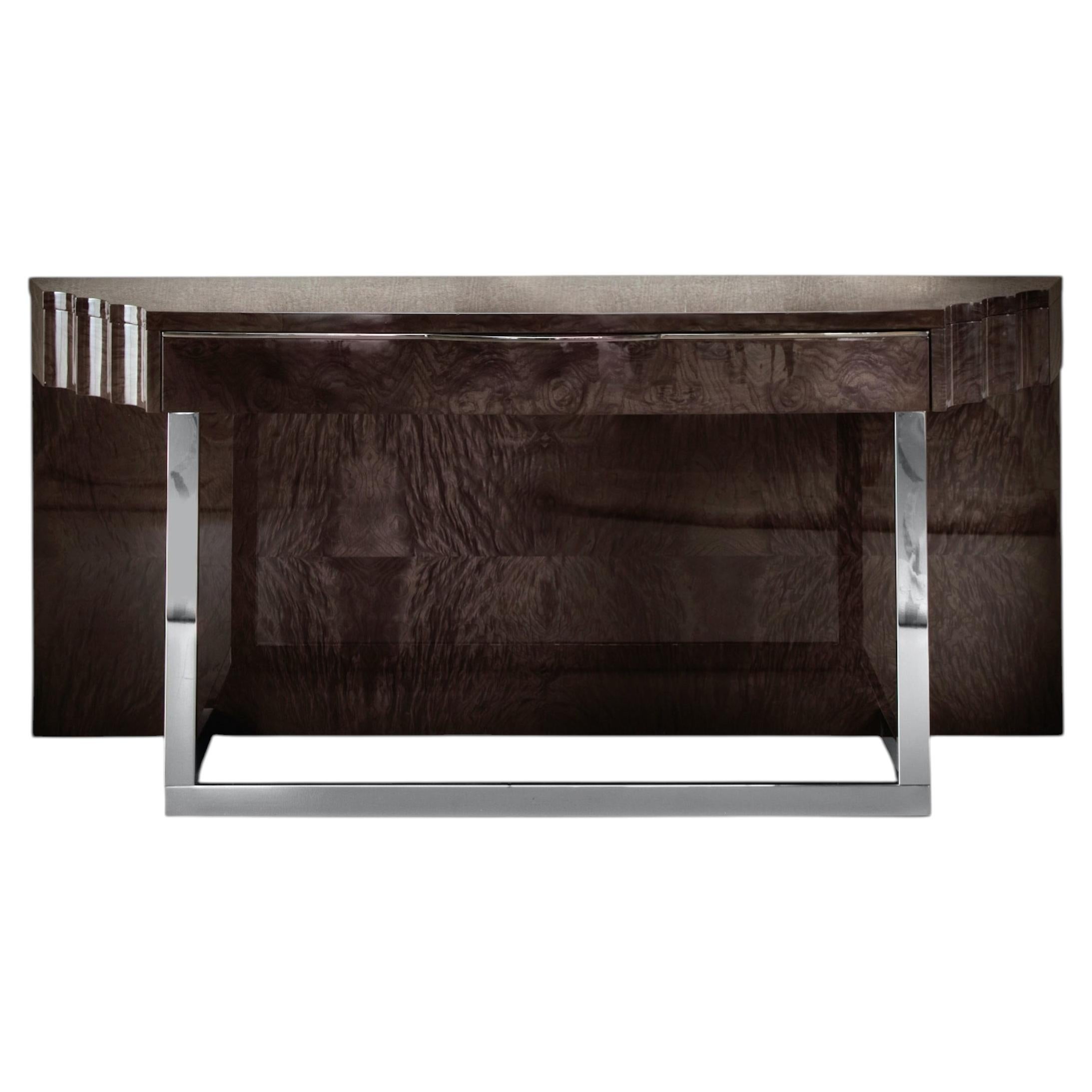 Absolute Console Table in High Gloss Japanese Tamo Burl Veneer For Sale