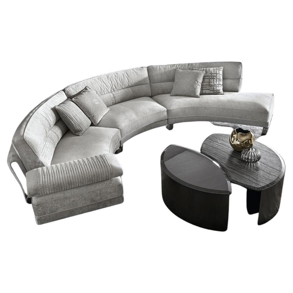 Mirage sectional sofa in velvet. Sofa seats and sides with double stitching in polyurethane foam wrapped in down feather. Legs and metal trims on the armrest
in satin black nickel stainless steel with lasered Giorgio Collection logo.
Measures: