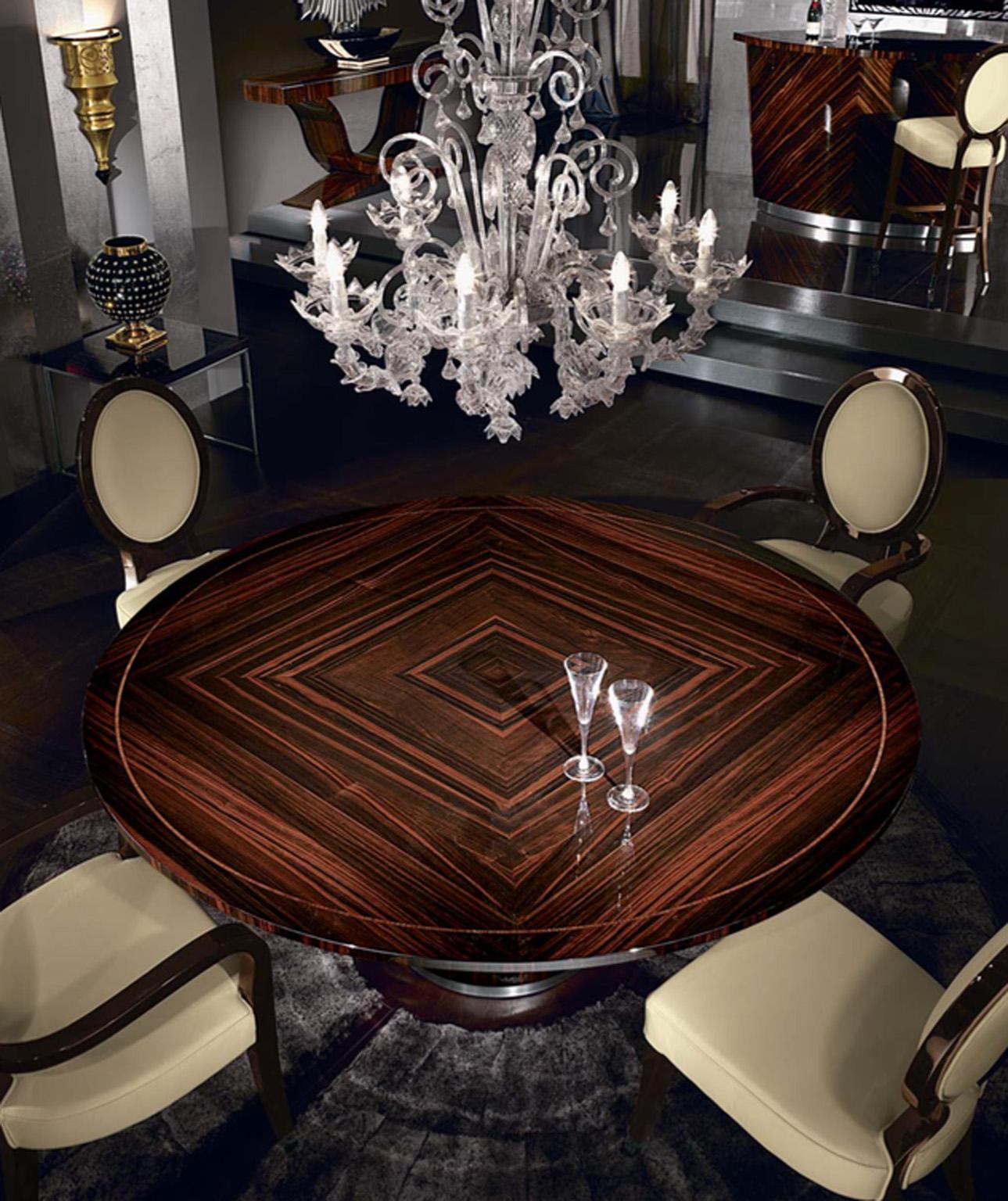 Art Deco Giorgio Collection Dining Round Table Ebony Macassar in High Gloss Finish For Sale