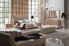 Giorgio Collection Velvet Headboard King Bed Bird Eye Maple Wood Glossy Finish
