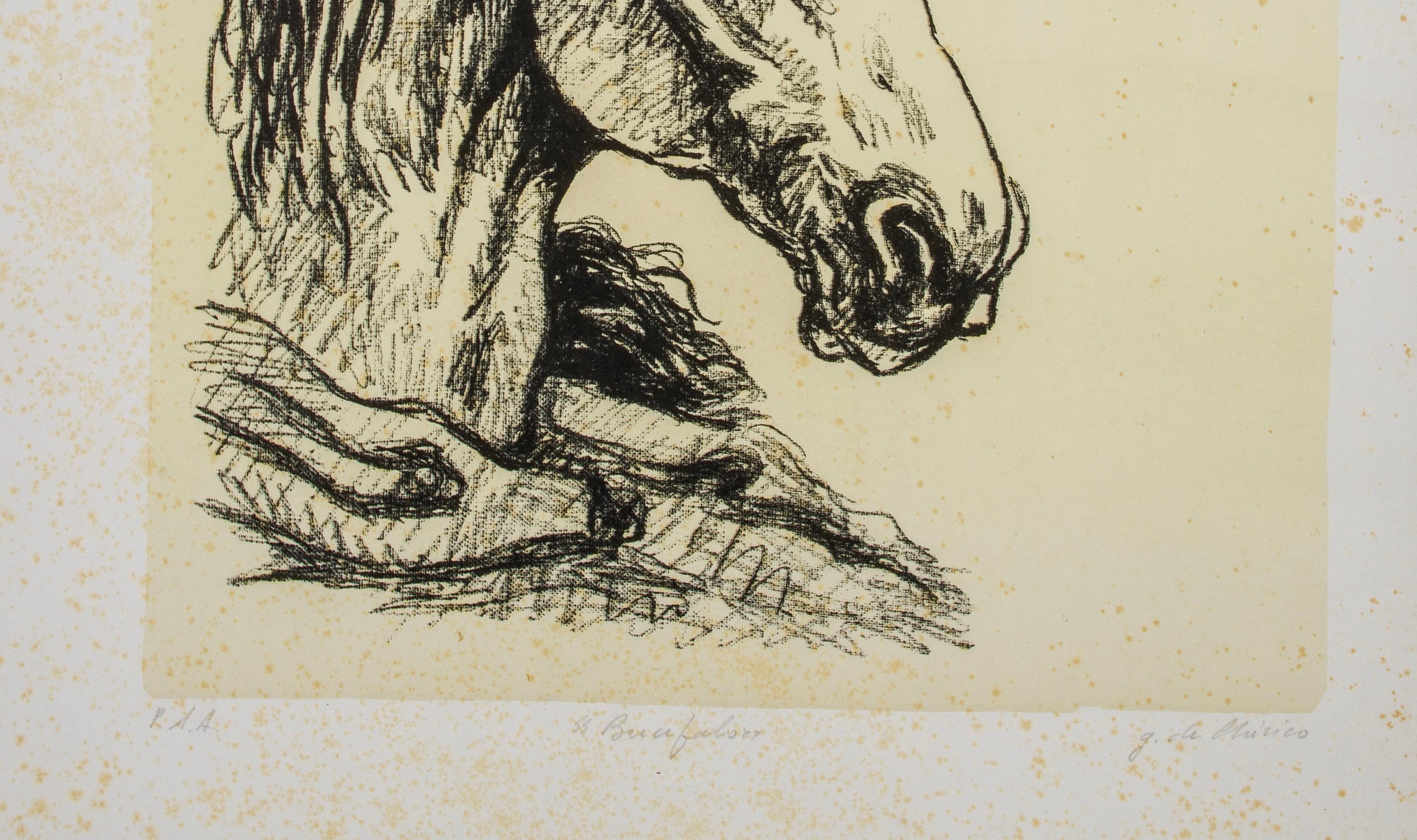 Litografia con sfondo giallo oro 
Firmato a matita in basso a sinistra 'P & A' Prova d'artista
Firmato a matita in basso a destra 'G. De Chirico'
Inscritto al centro a matita 