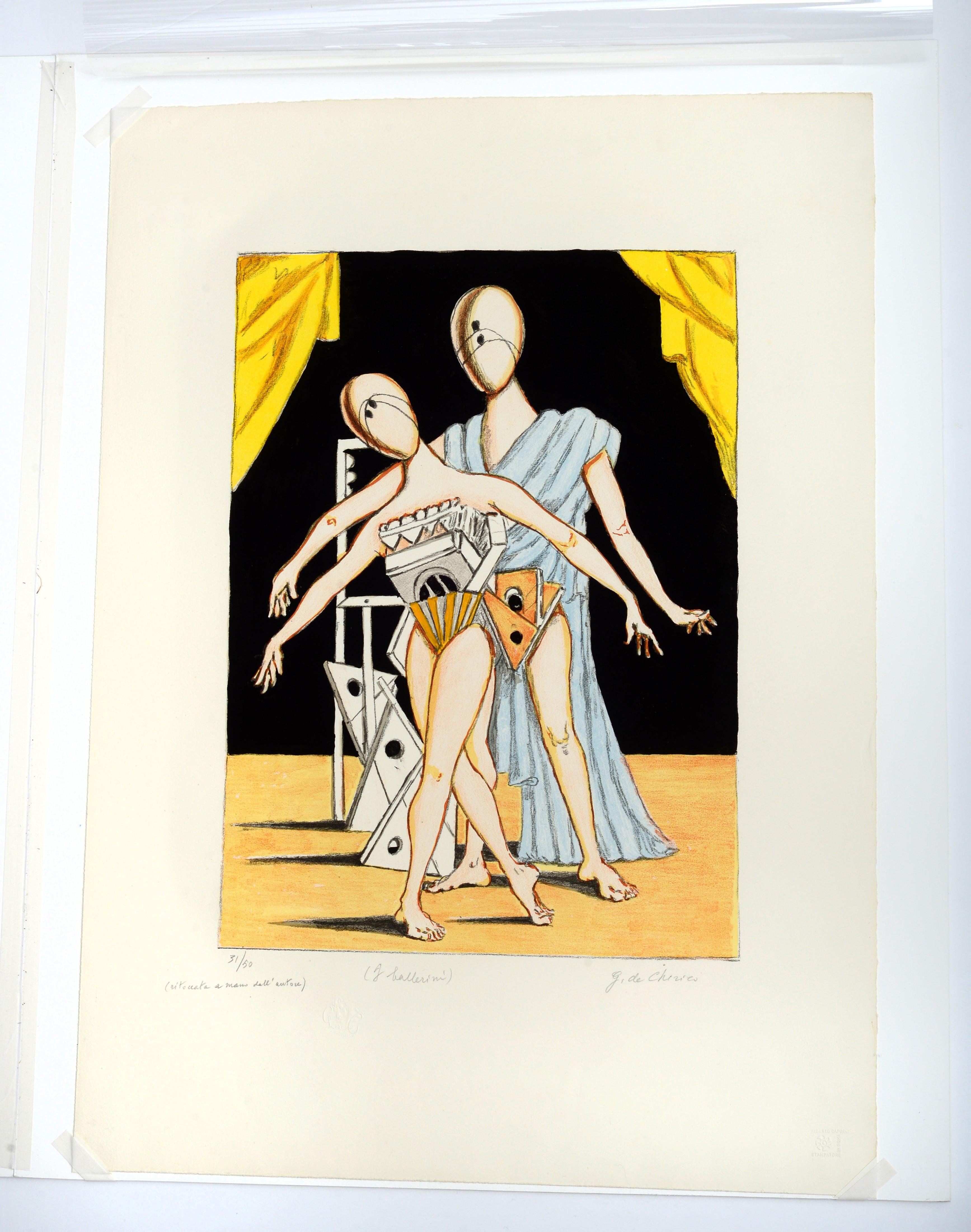 Giorgio de Chirico (Italian 1888-1978)

Artist: Giorgio de Chirico
Title: 'I ballerini' 
Medium: 6 color lithograph, hand colored
Signature: Hand-signed in pencil by artist.
Reference: Catalogo dell’opera grafica 1969-1977 Edoardo Brandani