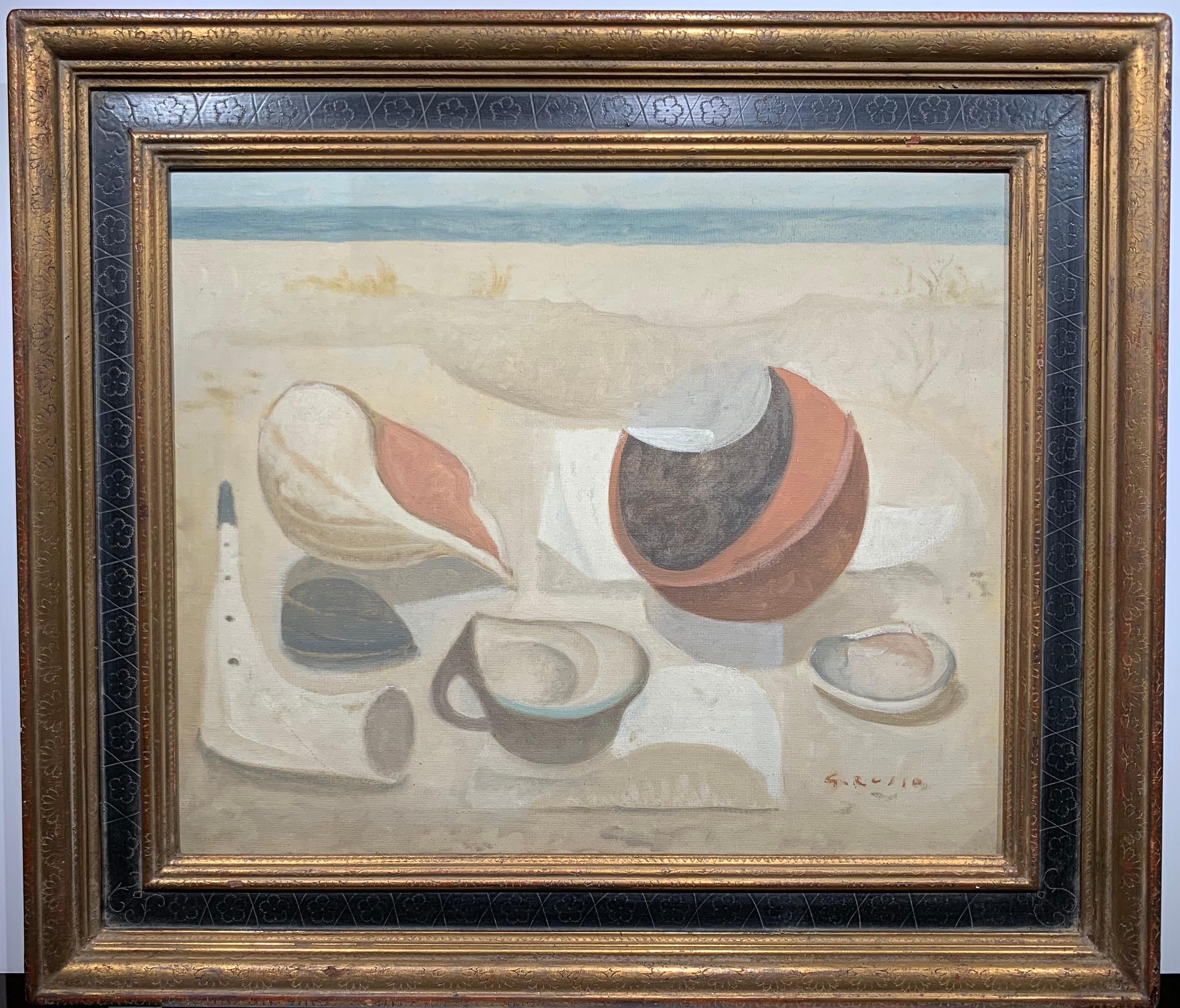 Beautiful surrealist beach landscape by Italian artist, Enzo Russo (b.1936). Still Life by the Sea, ca. 1960. Oil on linen canvas, 20 x 24 inches. Framed measurement: 27 x 31 inches. Signed lower right. Excellent condition with one dark scratch in