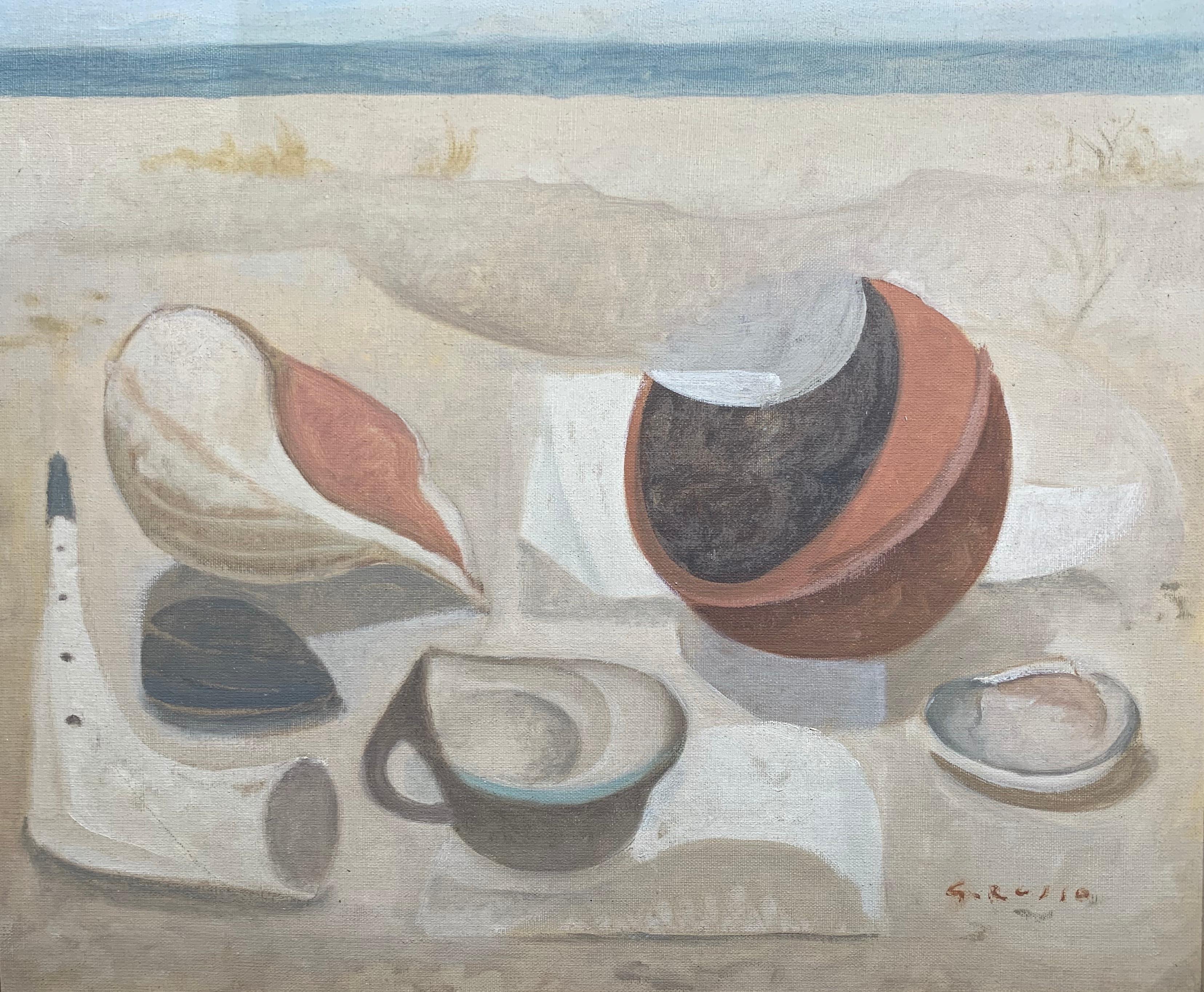 Enzo Russo Abstract Painting - Still Life by the Sea (surrealist landscape)