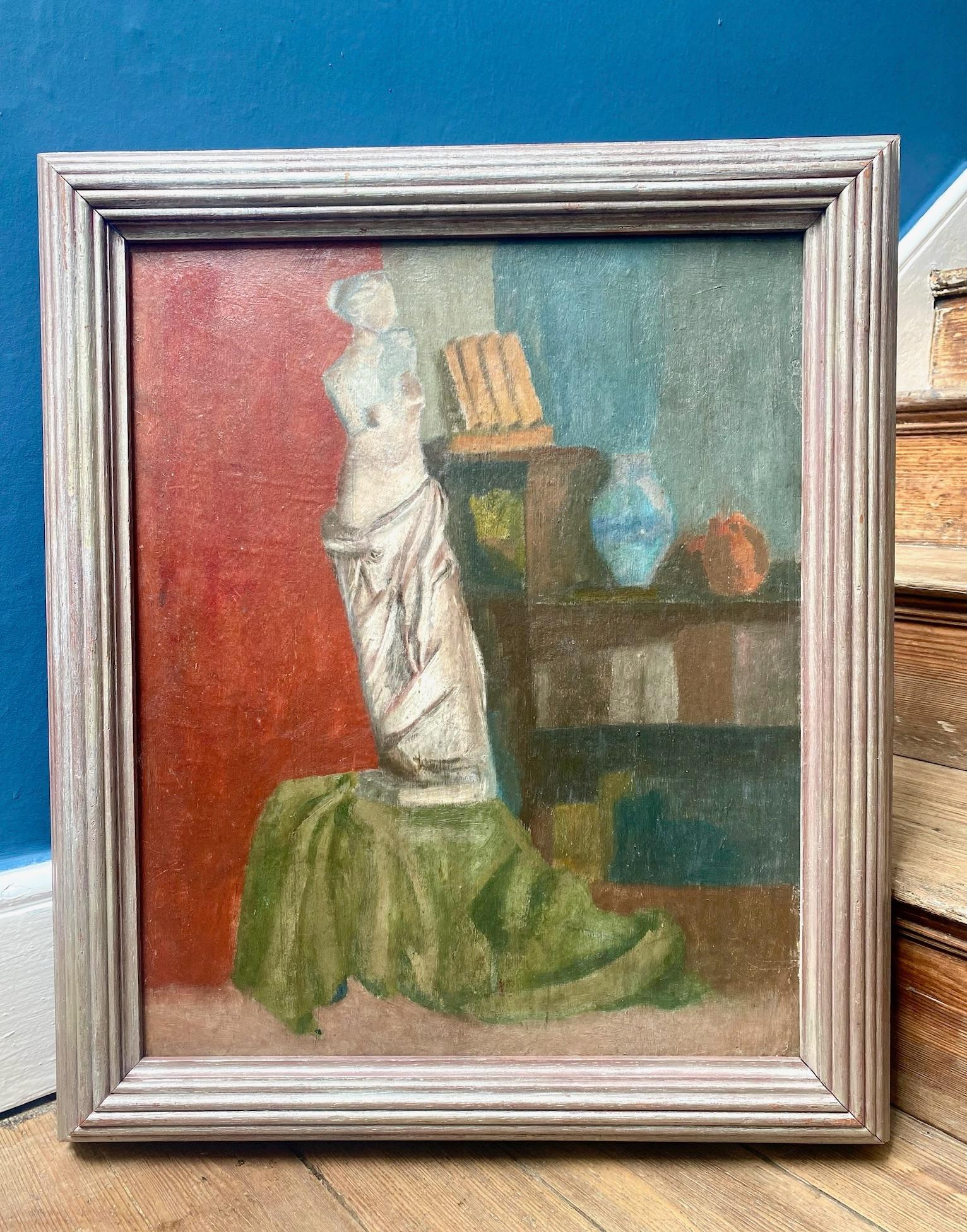Surrealist interior with leaning sculpture, similar to Georgio de Chirico - Painting by Giorgio De Chirico