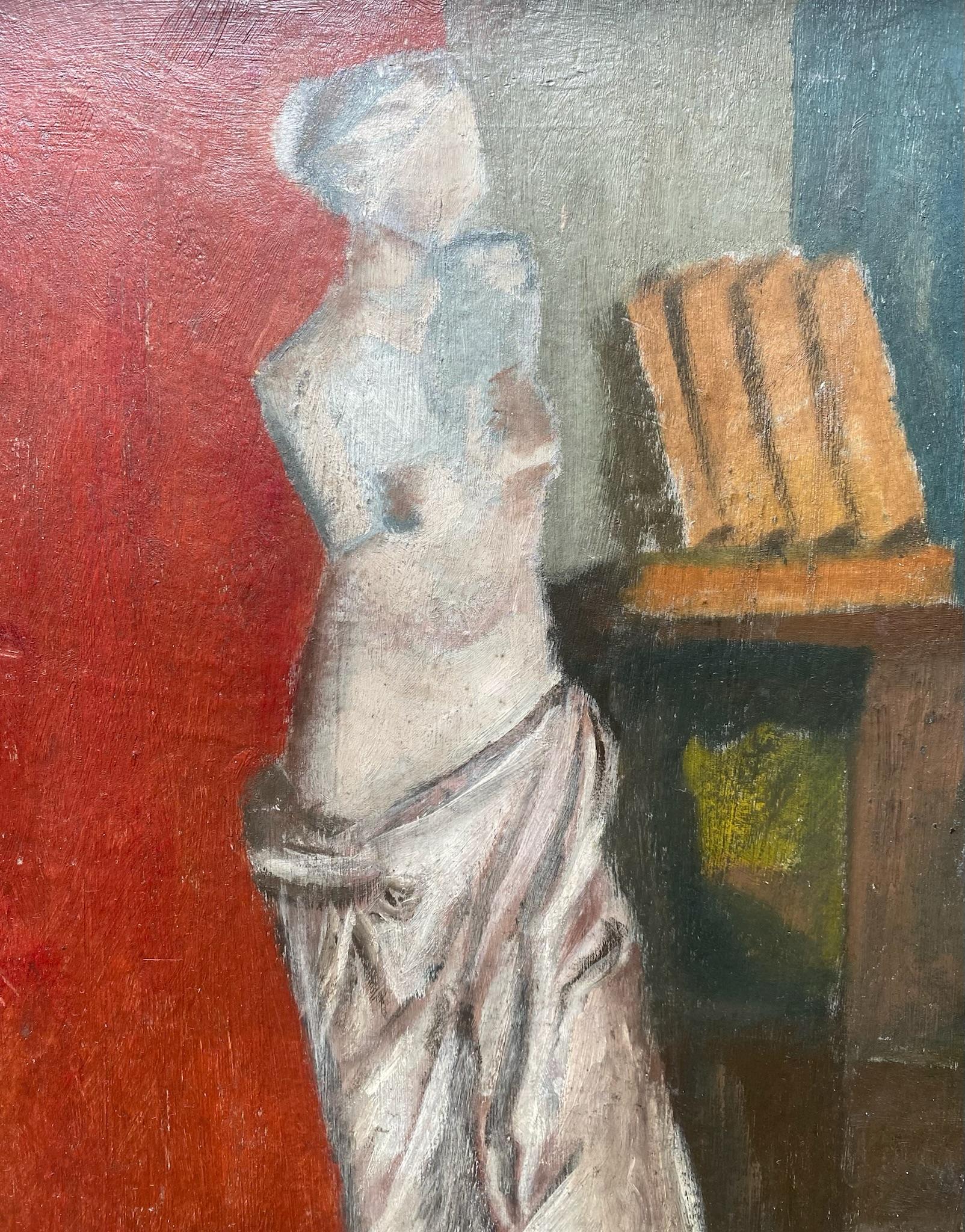 Surrealist interior with leaning sculpture, similar to Georgio de Chirico - Brown Figurative Painting by Giorgio De Chirico