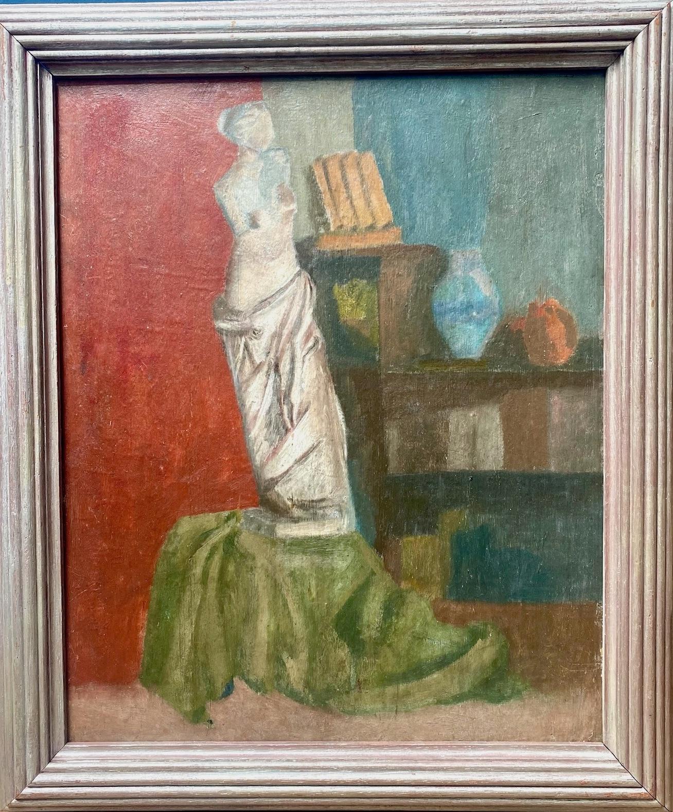 Surrealist interior with leaning sculpture, similar to Georgio de Chirico For Sale 3
