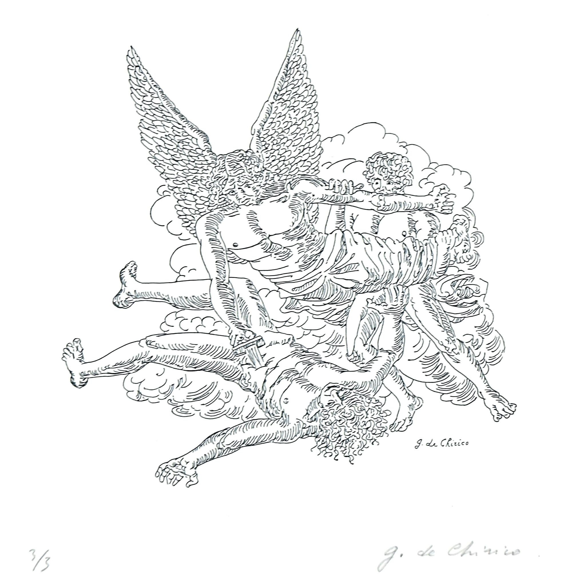 L'Apocalypse de Jean l'Évangéliste est une gravure originale en noir et blanc réalisée par Giorgio De Chirico dans la moitié du XXe siècle.

Signé à la main dans la marge inférieure droite.

Numéroté en bas à gauche. Ed. 3/3

L'œuvre est tirée du