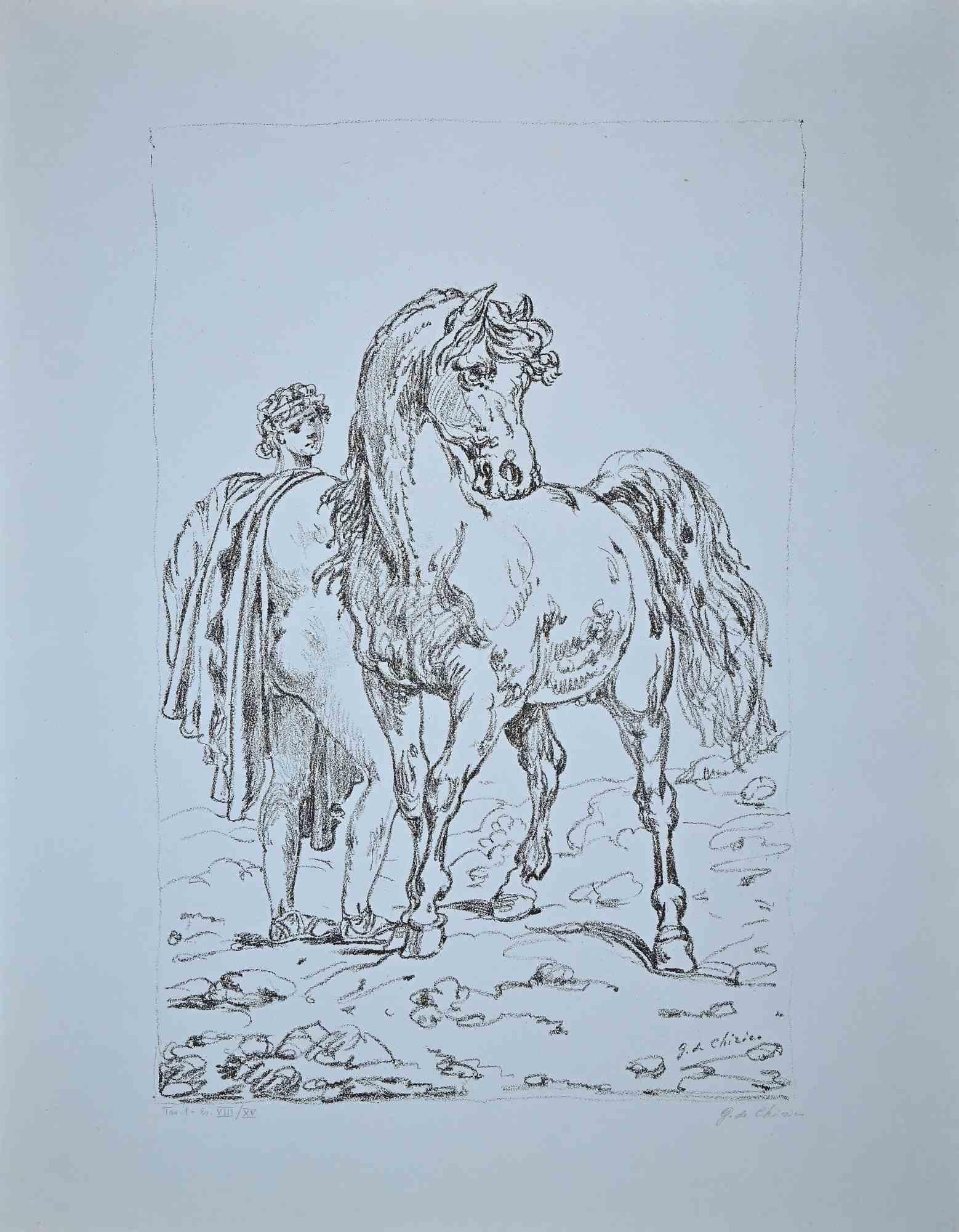 Castore est une œuvre d'art en noir et blanc réalisée par Giorgio De Chirico dans la moitié du XXe siècle. Rare spécimen sur papier bleu clair.

Lithographie en noir et blanc.

Signé à la main par l'artiste au crayon.

Signé par l'artiste en bas à